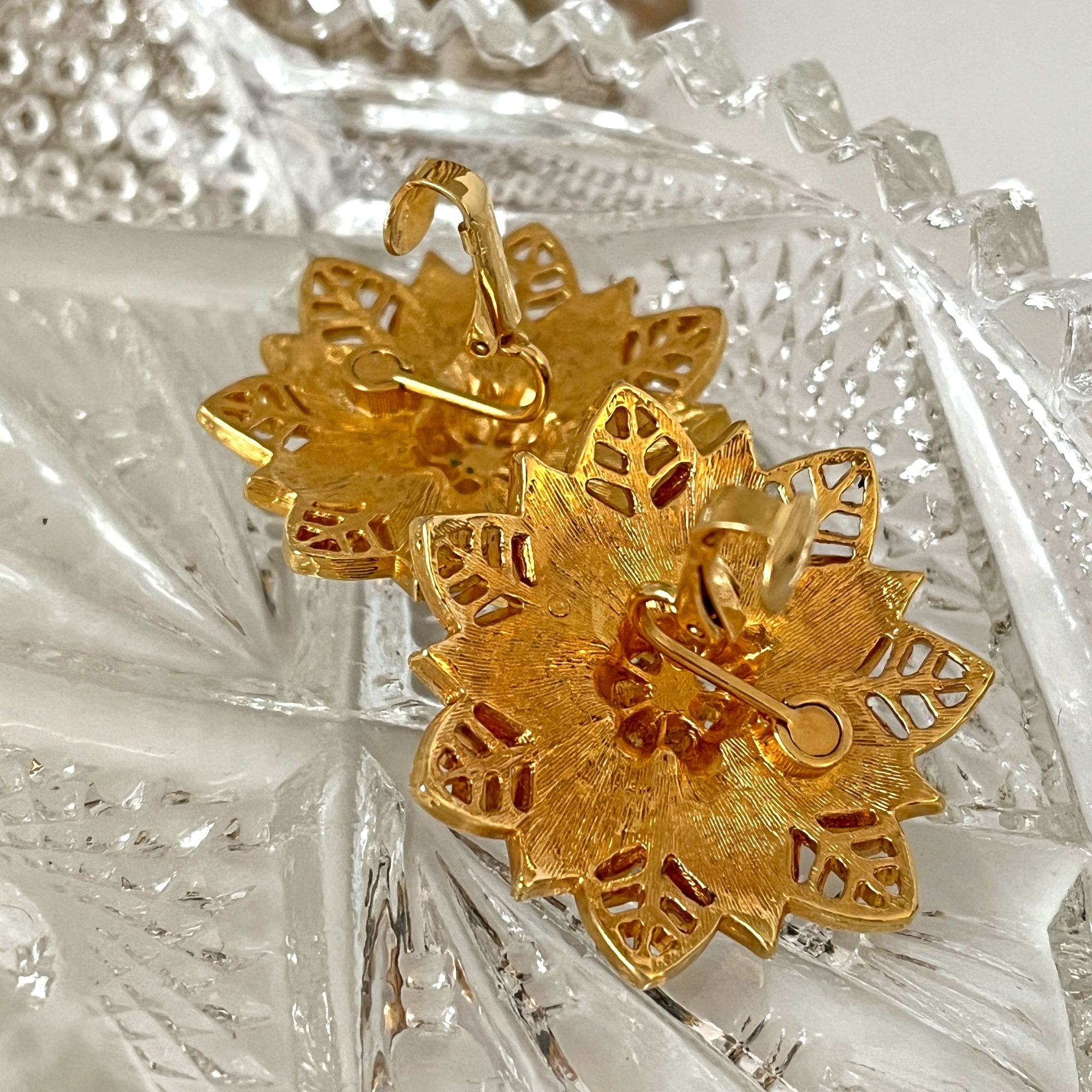 Large Gold Filigree and Black Enamel Floral Avon Earrings Clip