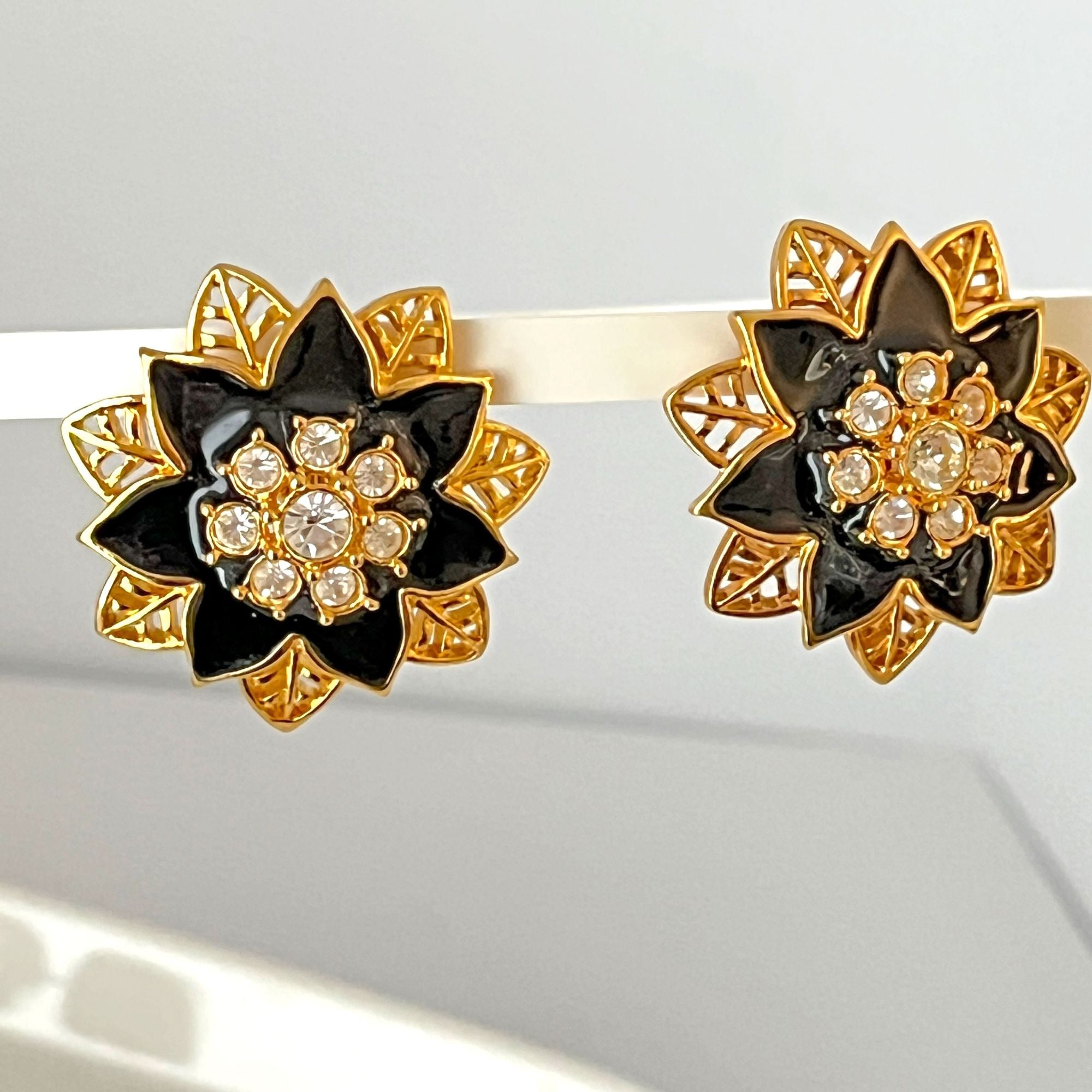 Large Gold Filigree and Black Enamel Floral Avon Earrings Clip