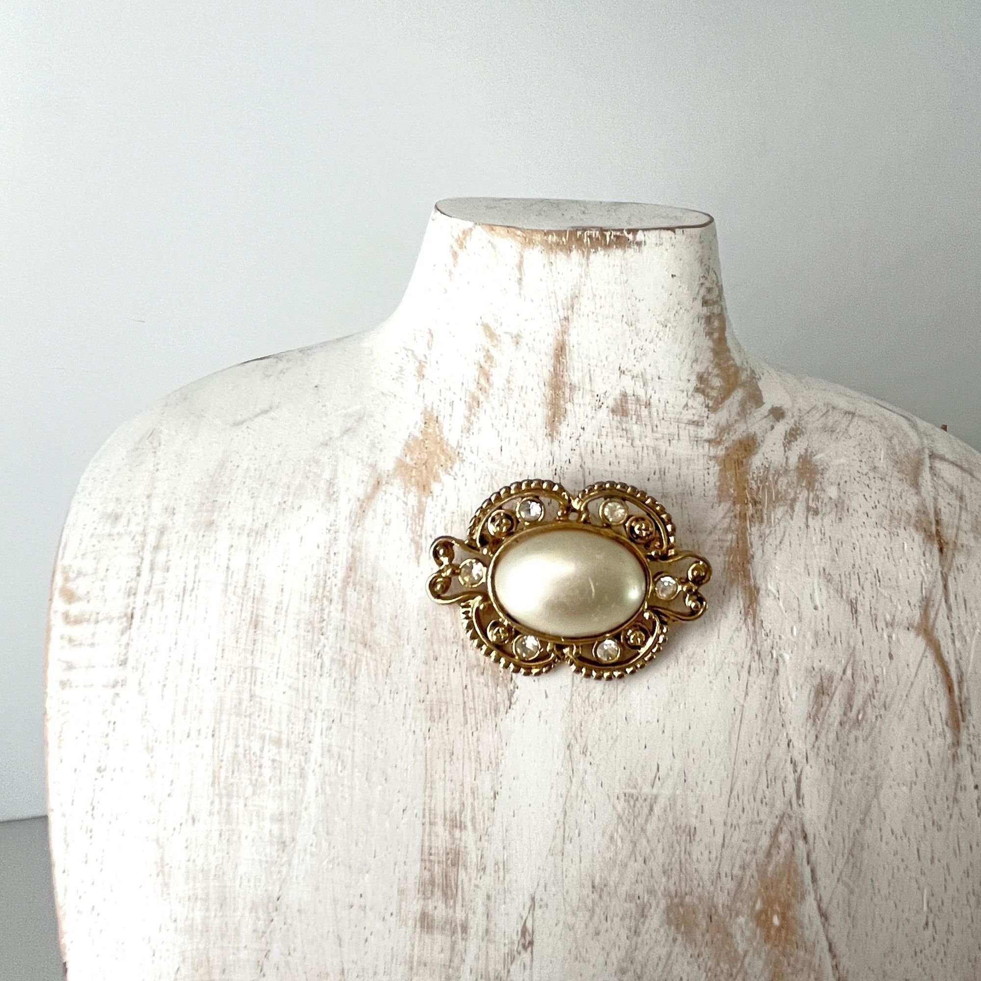 Large Vintage Ornate Victorian Revival Faux Pearl Brooch Pin 1960s