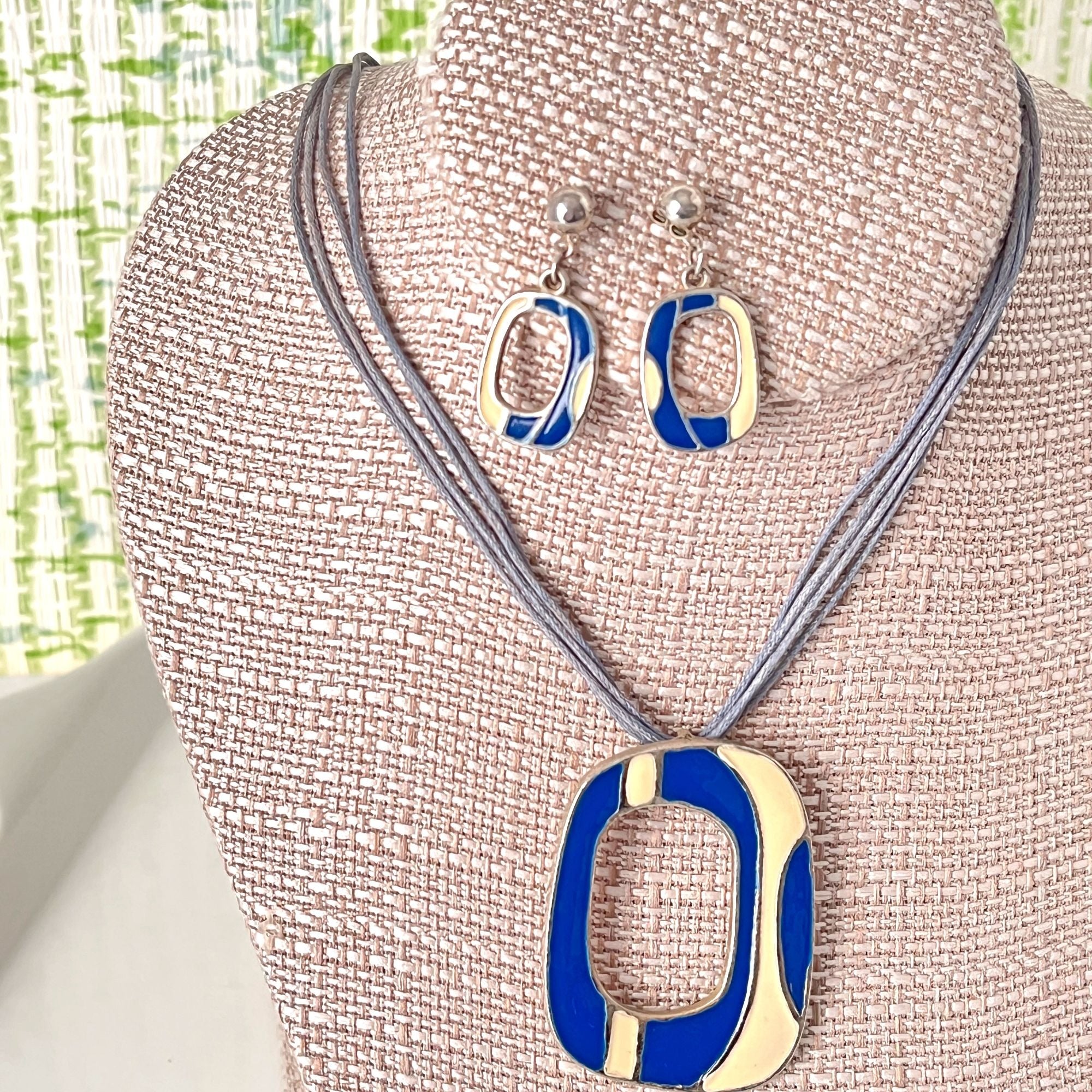 Vintage 60s Mid Century Modern Enamel Necklace and Earrings Set