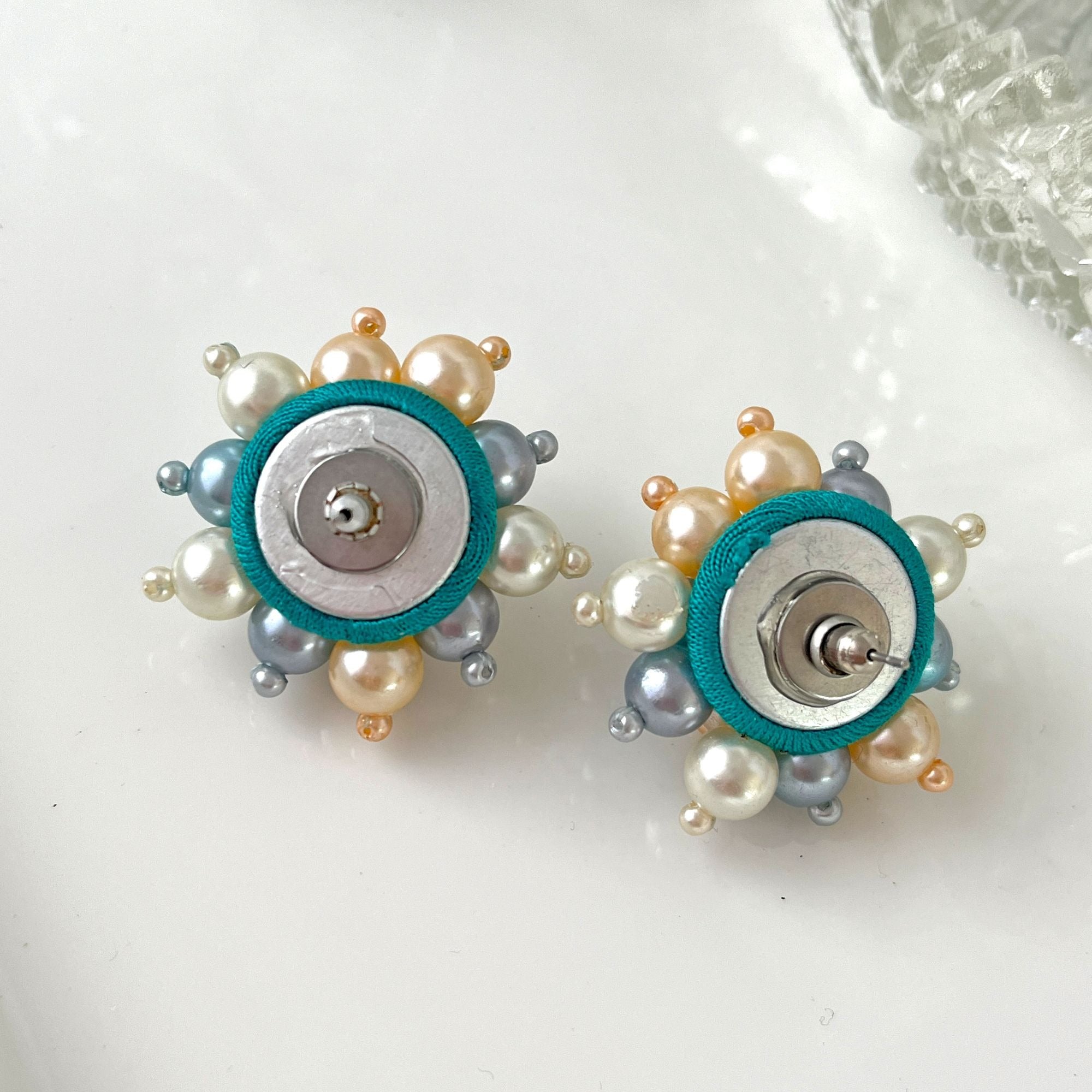 Vintage Blue Cream Pearl Cluster Starburst Earrings