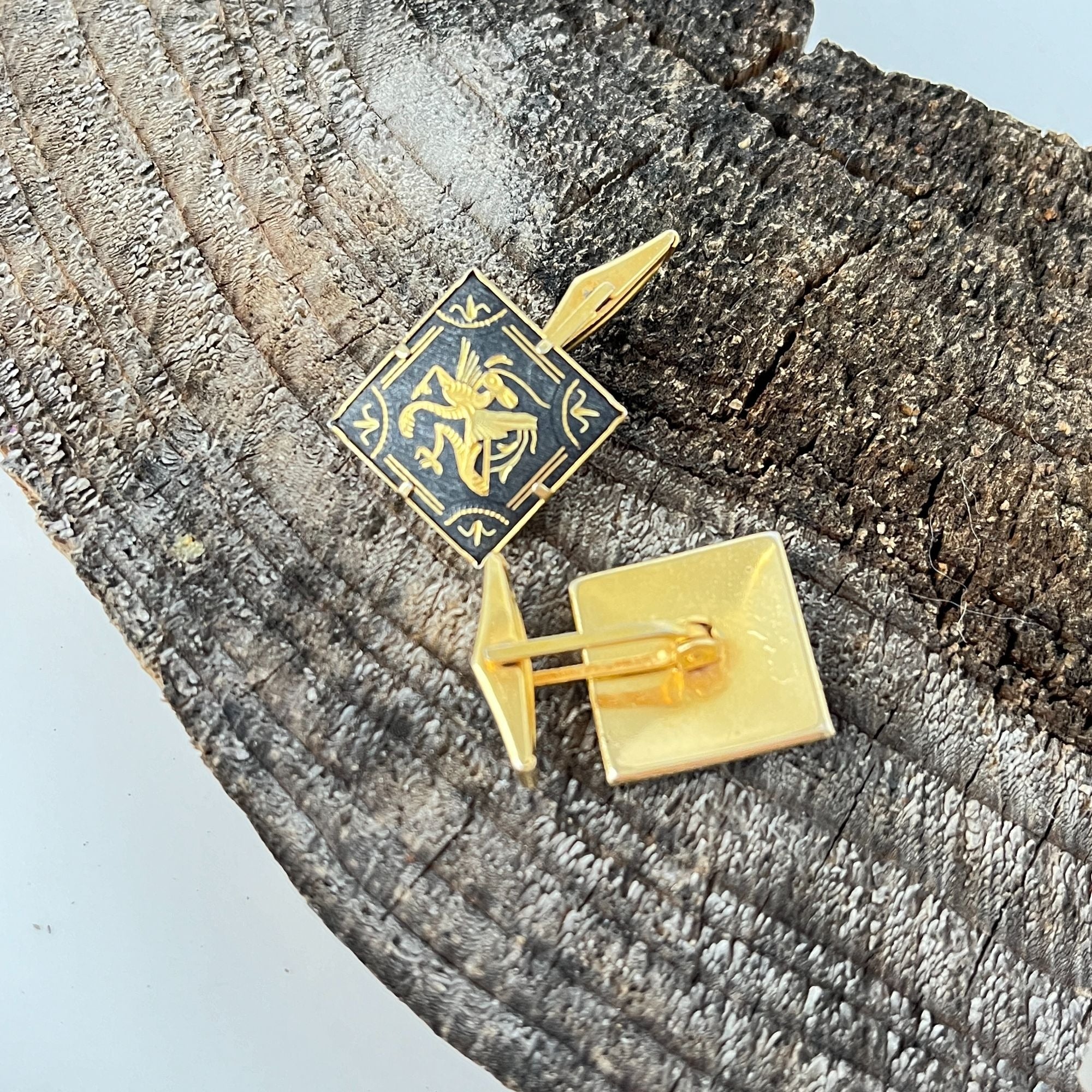 Vintage Asian Damascene Cufflinks Lucky Grasshopper Gryphon Gold Black Square 1950s