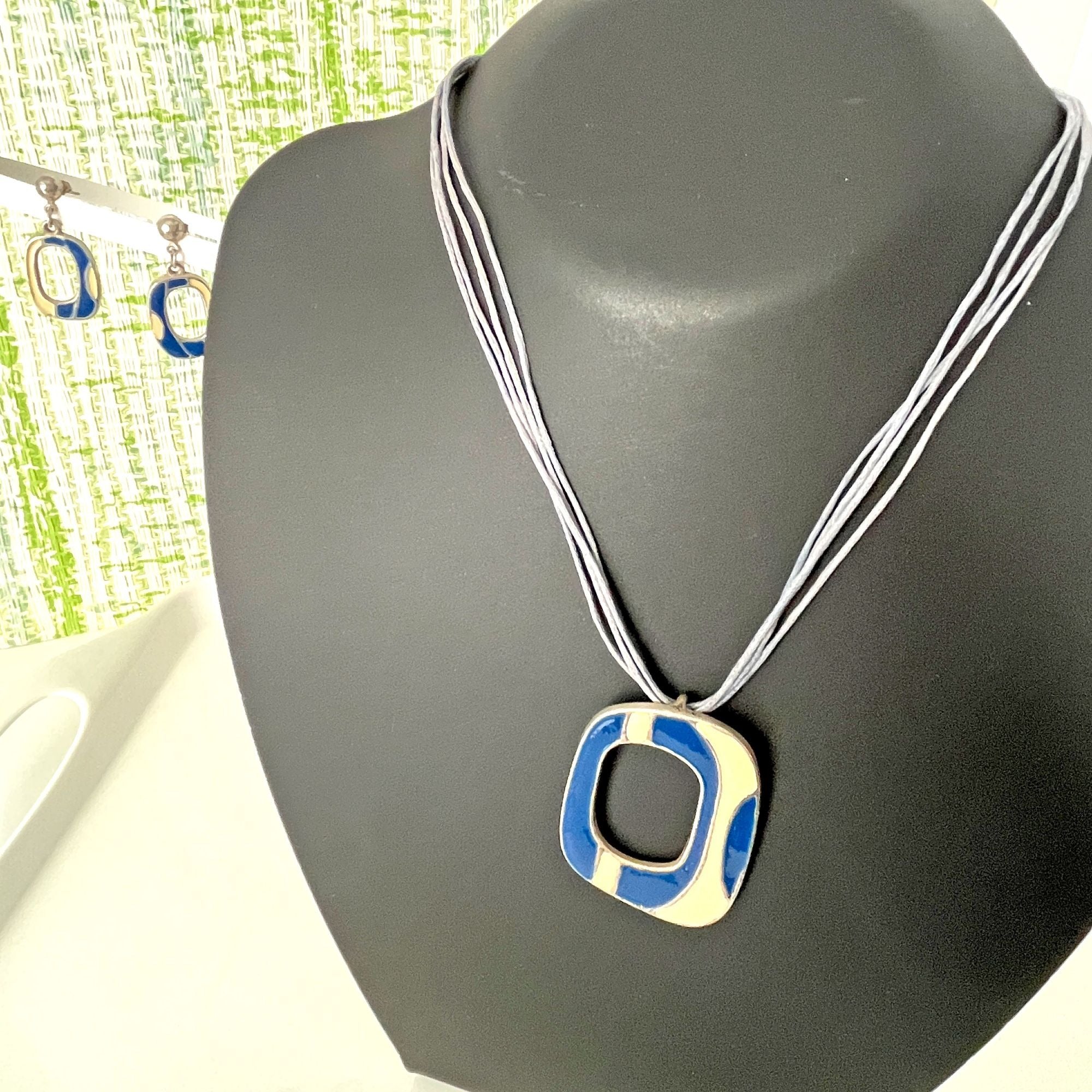 Vintage 60s Mid Century Modern Enamel Necklace and Earrings Set