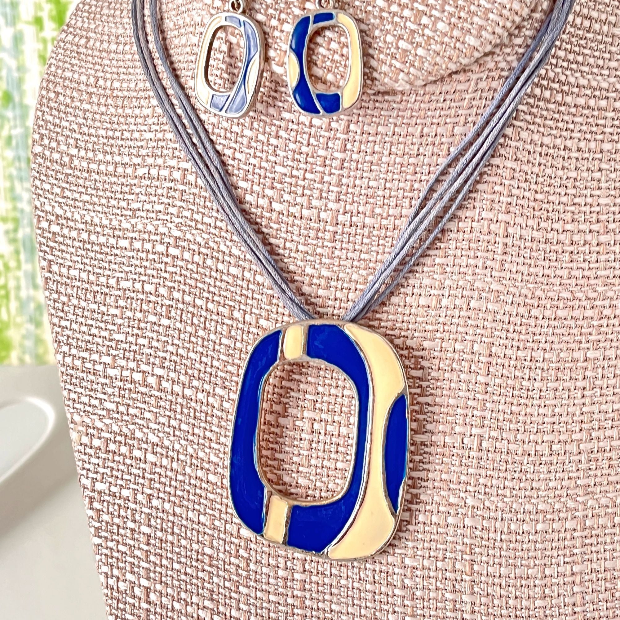 Vintage 60s Mid Century Modern Enamel Necklace and Earrings Set