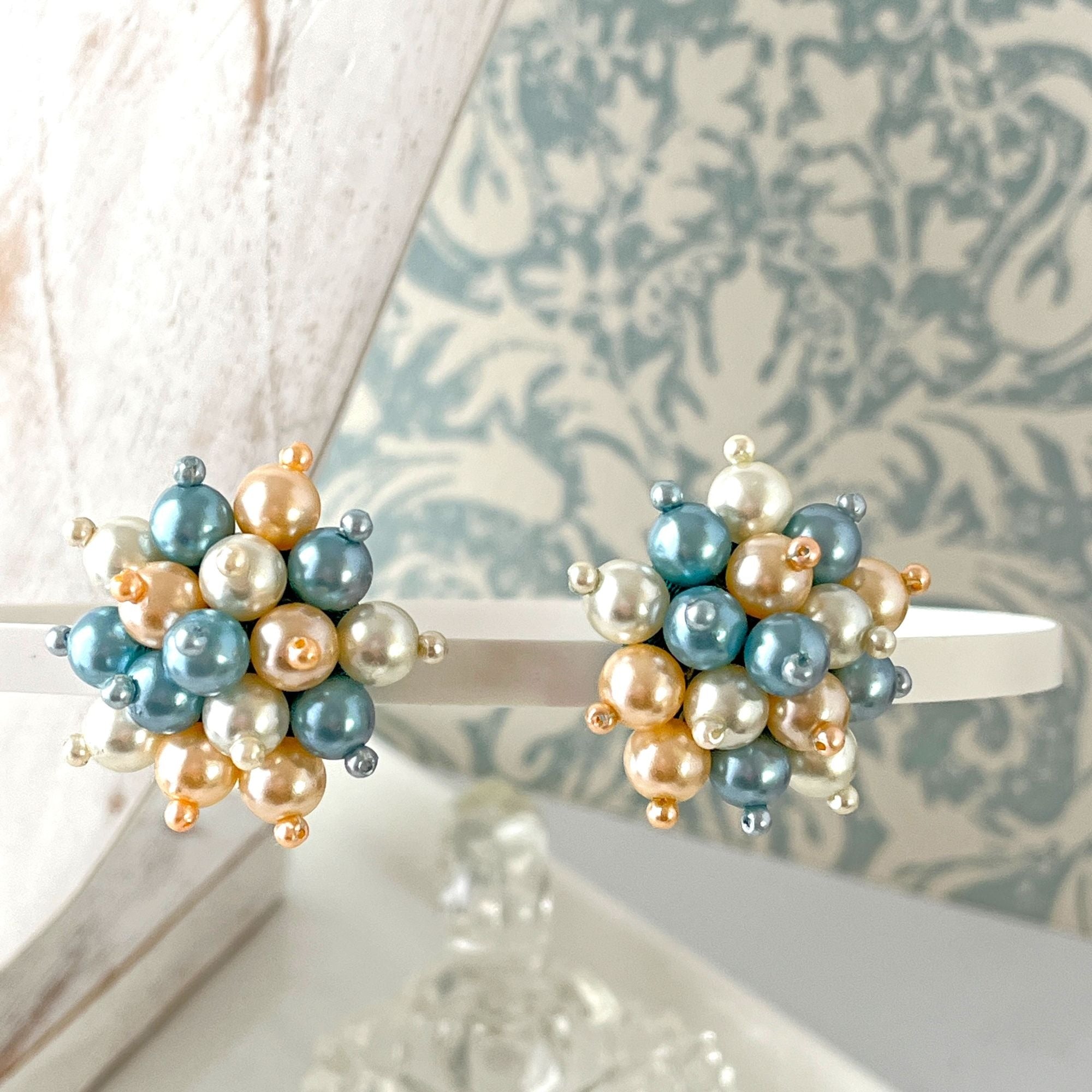Vintage Blue Cream Pearl Cluster Starburst Earrings