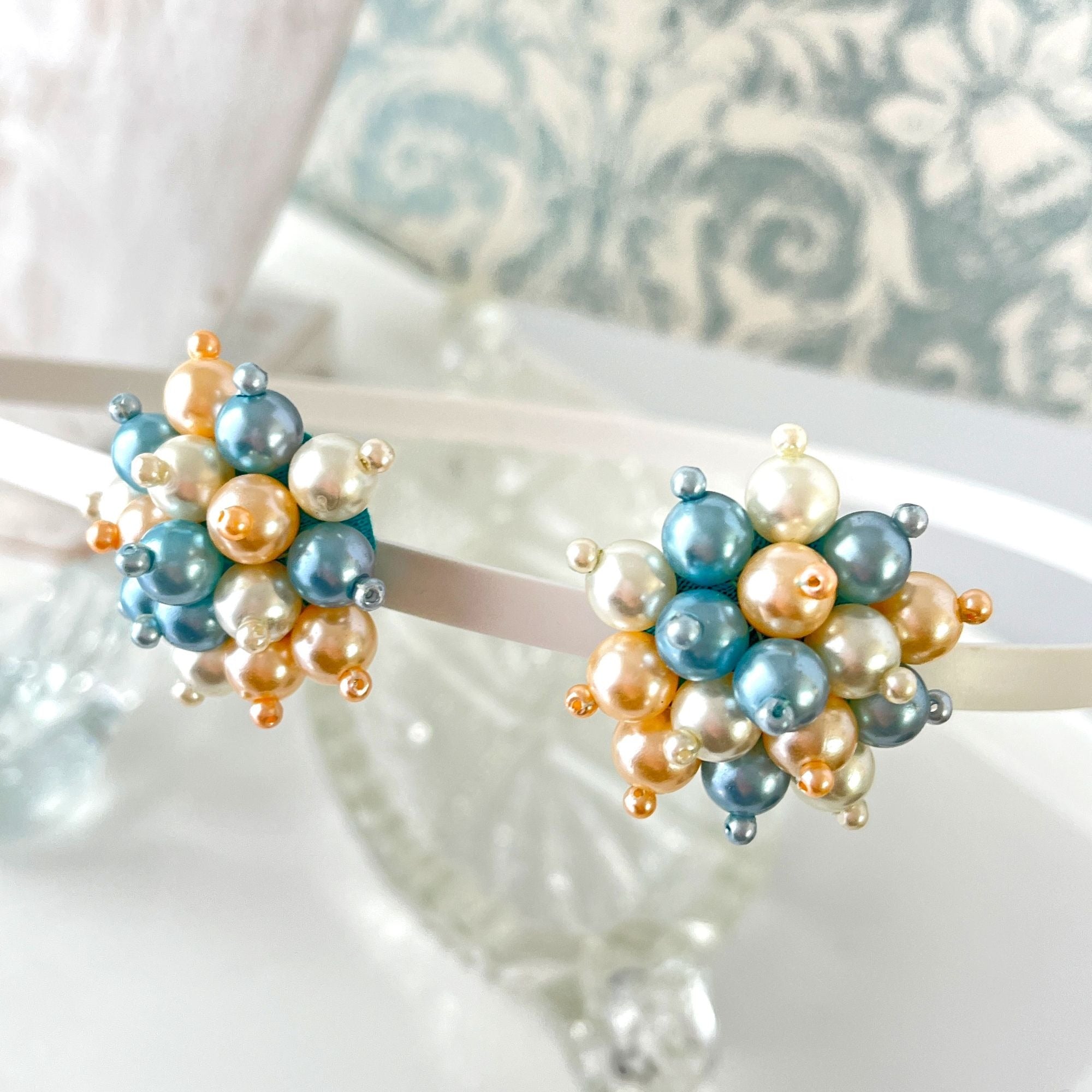 Vintage Blue Cream Pearl Cluster Starburst Earrings