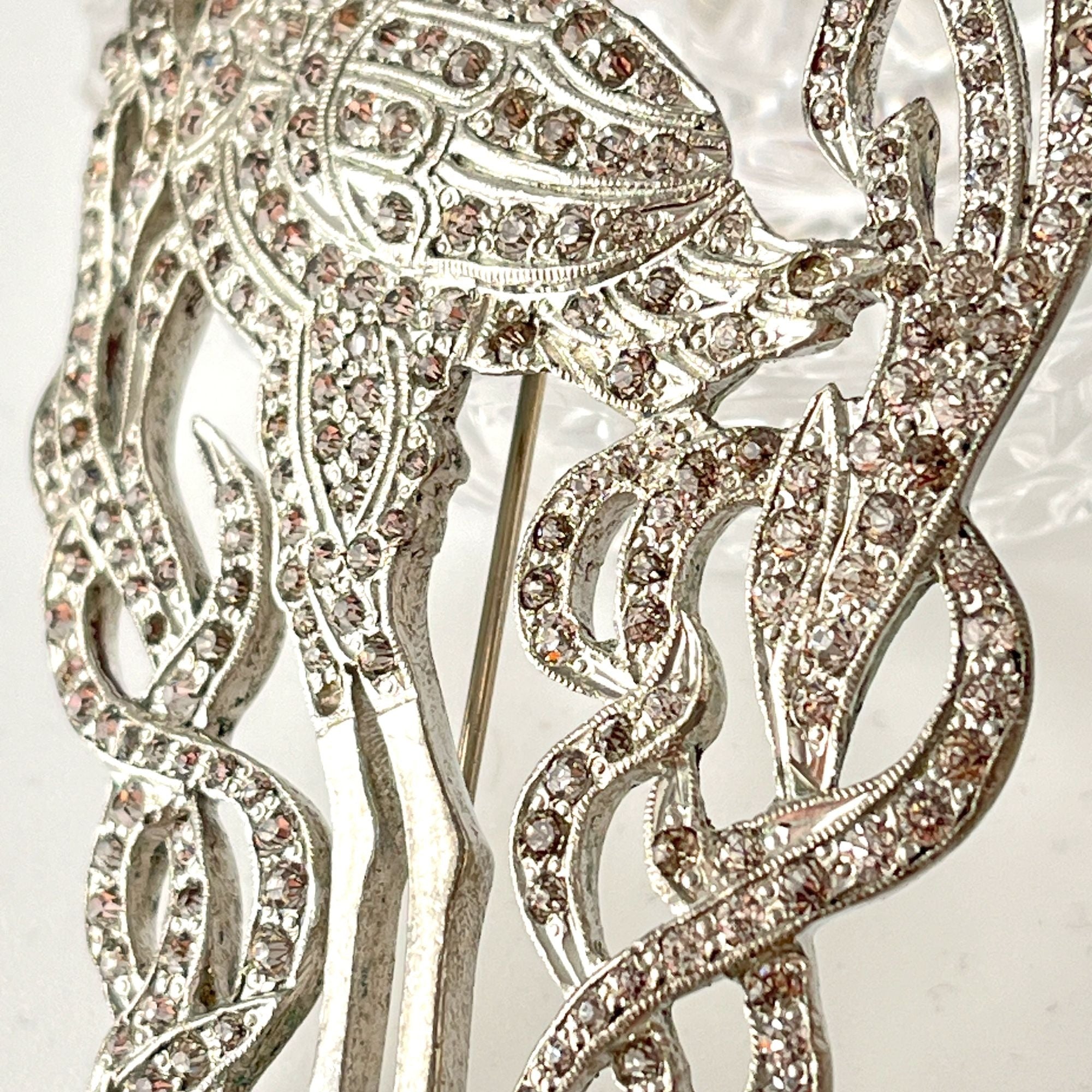 Vintage HUGE Statement Bird Stork Flamingo Rhinestone Open Work Brooch Pin 1940s