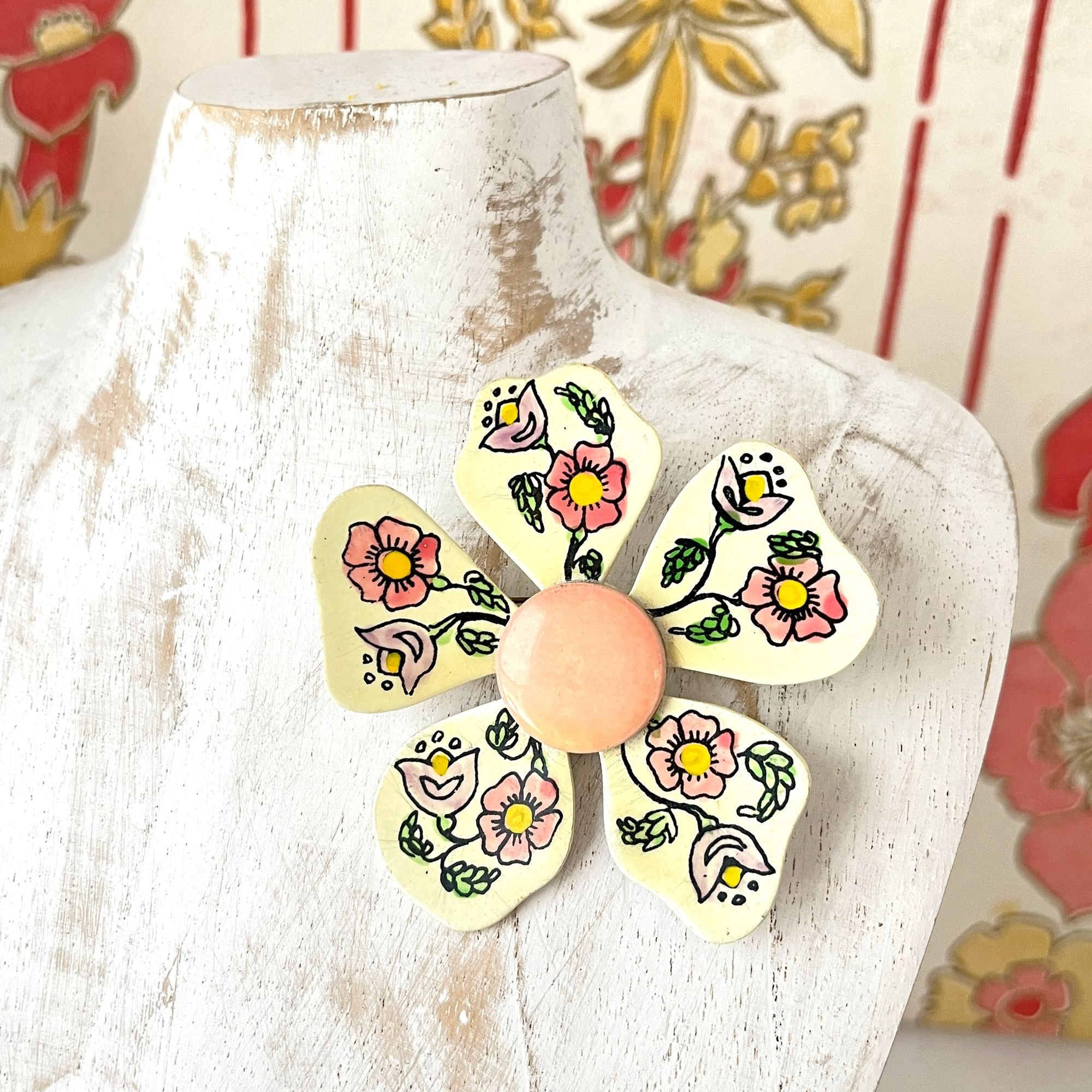 Vintage West Germany Flower Power 1960s Large Enamel Brooch Pin