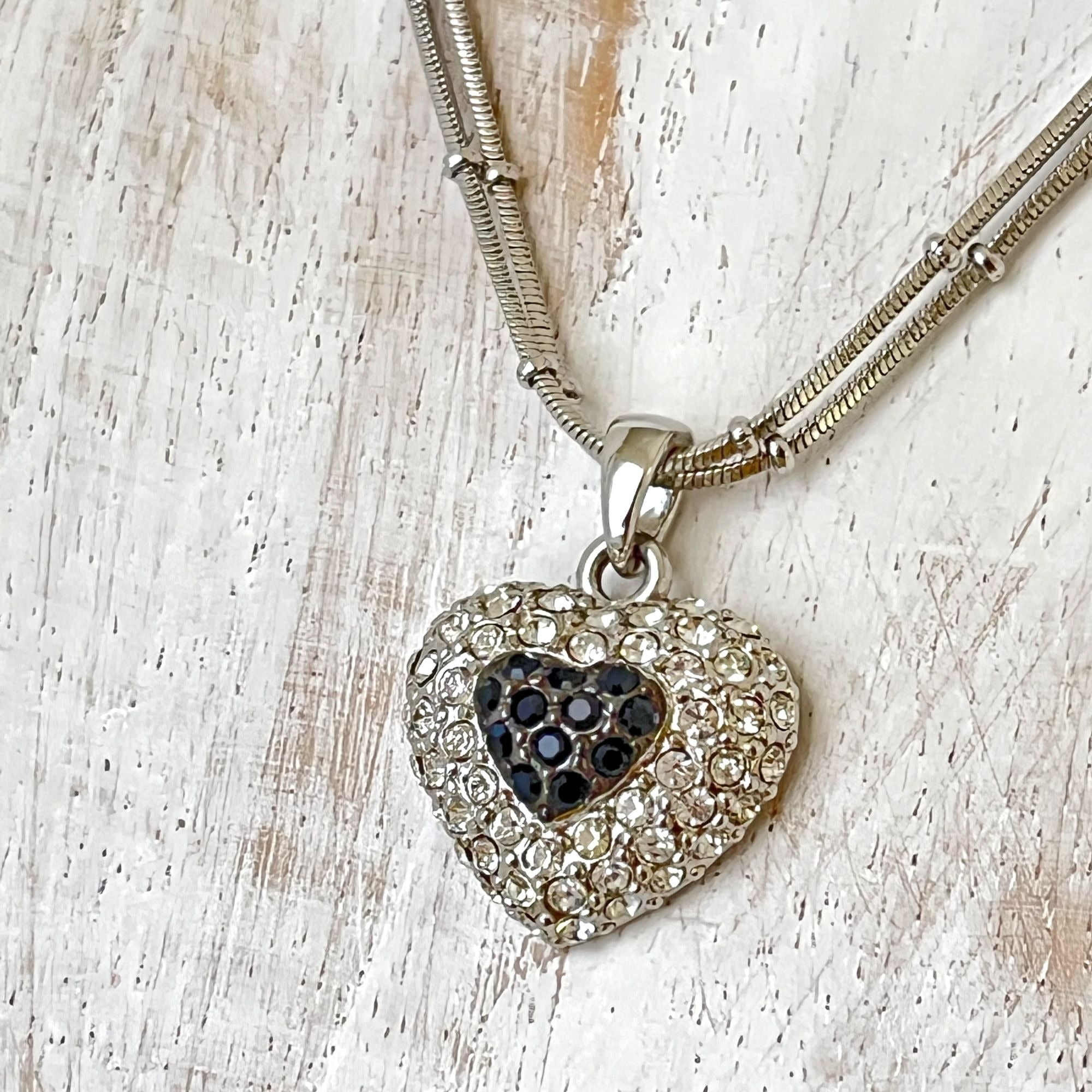 Black Clear Puffy Rhinestone Heart Necklace Double Chain