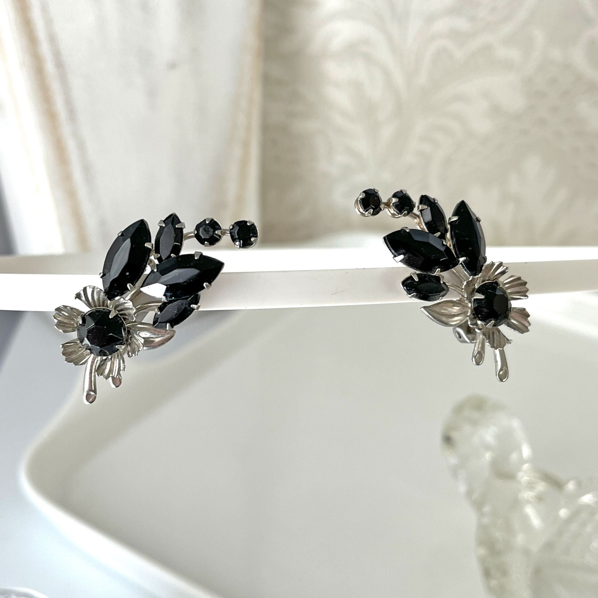 Gorgeous Black Rhinestone Floral Clip Climber Earrings 1950s