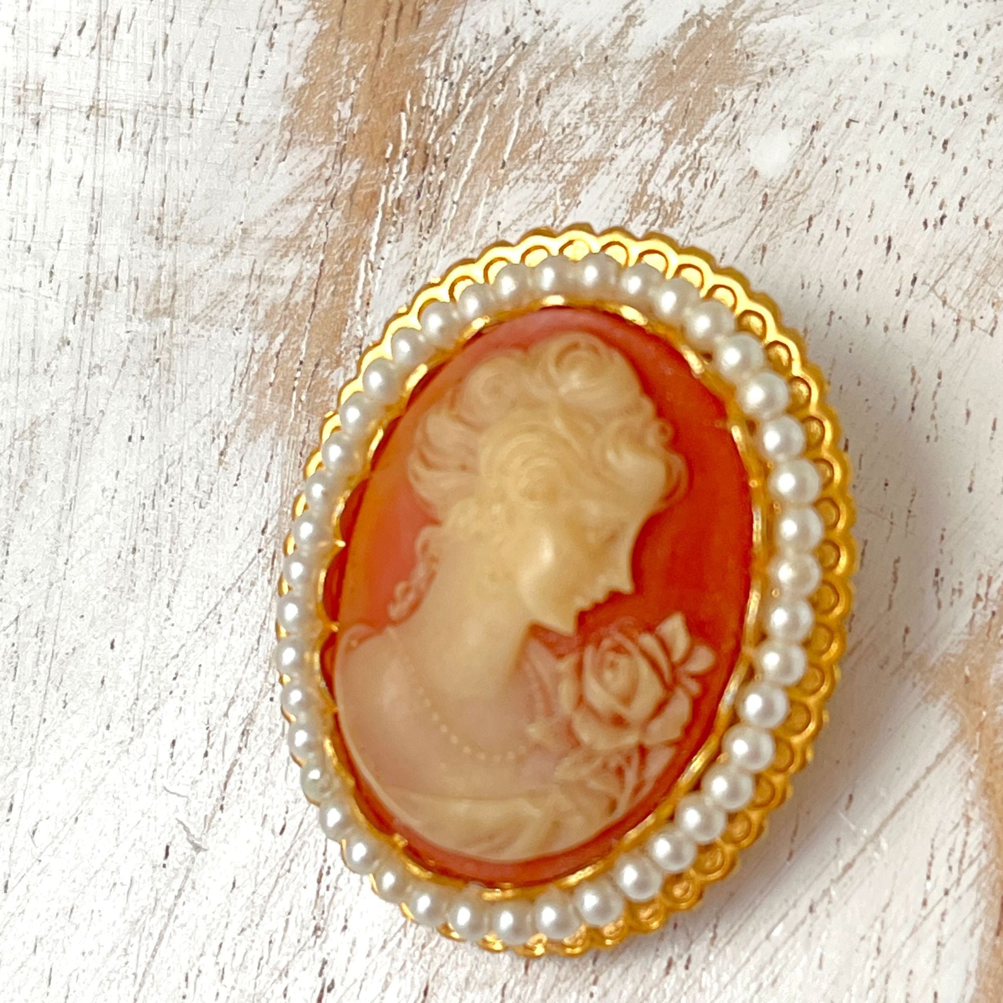 Vintage Faux Seed Pearl Cameo Brooch Pin