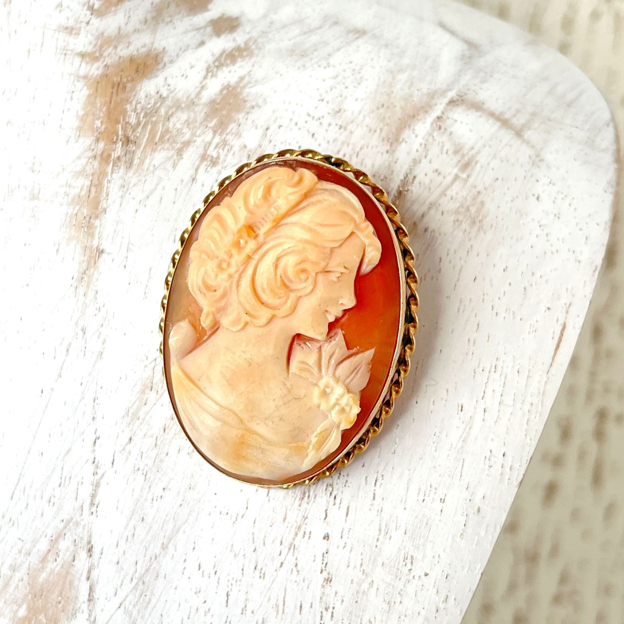 Large Antique Shell Cameo 14KT Gold Filled Brooch Pin Pendant