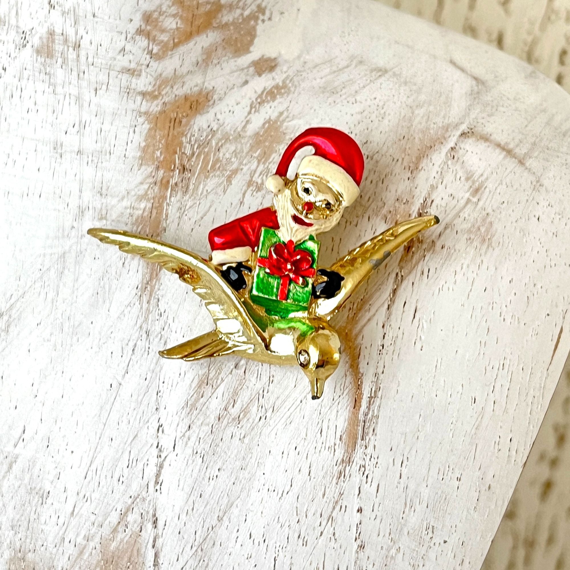 Vintage Enamel Gold Tone Santa Bird Brooch Pin