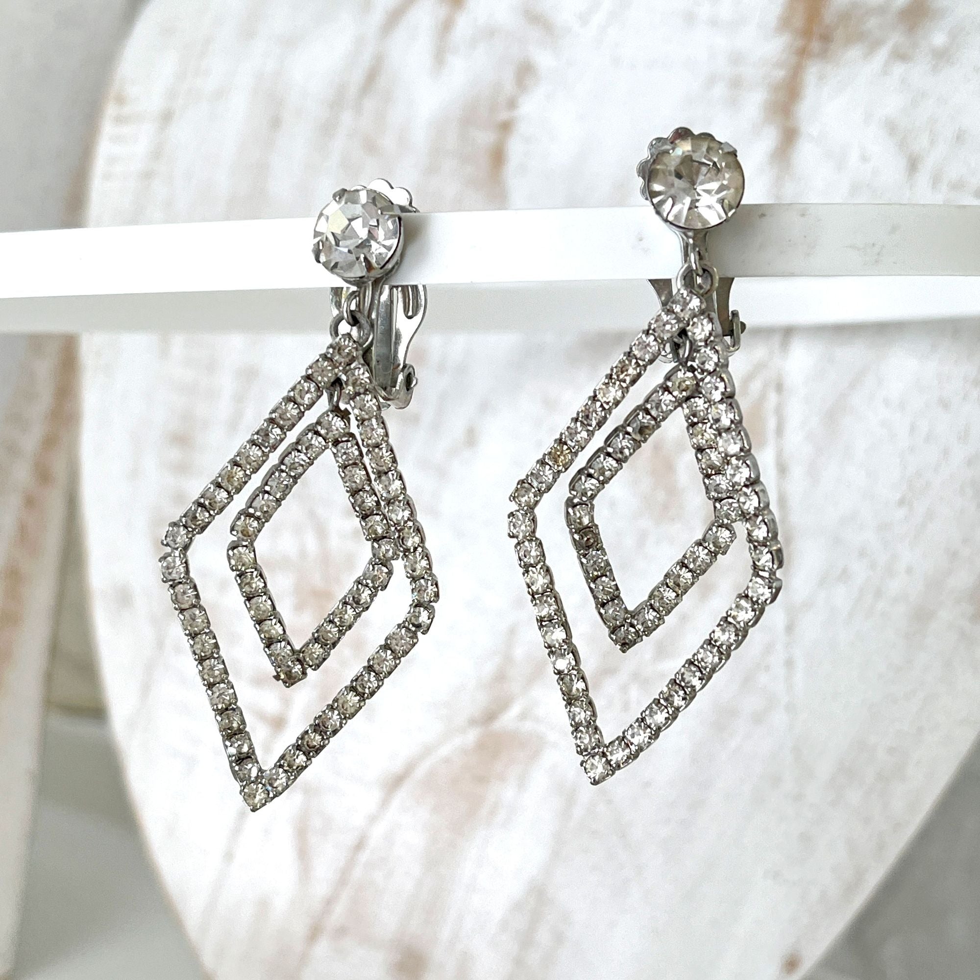 Vintage Large Diamond Shape Dangle Rhinestone Clip Earrings