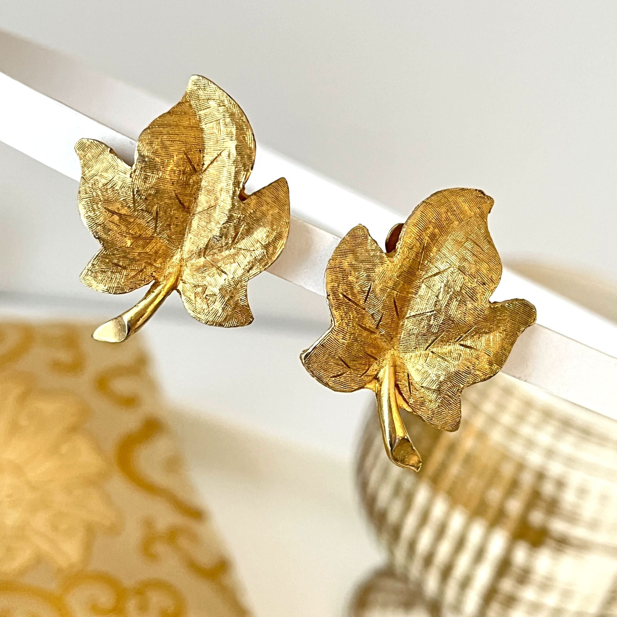 Vintage Textured Gold Tone Clip On Leaf Earrings Signed Charel