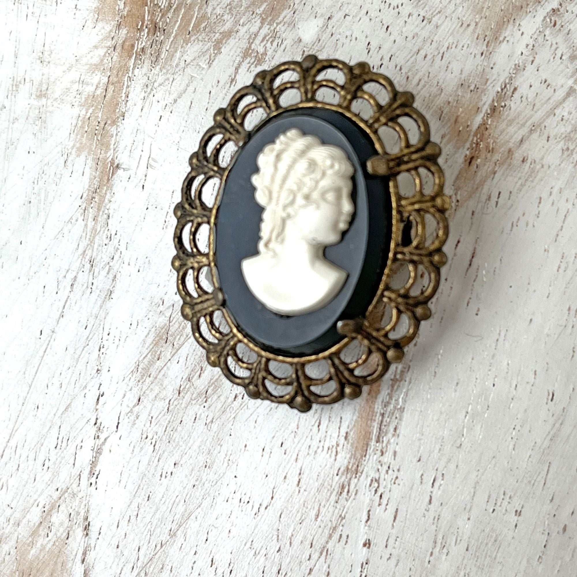 Vintage Ornate Filigree Black White Cameo