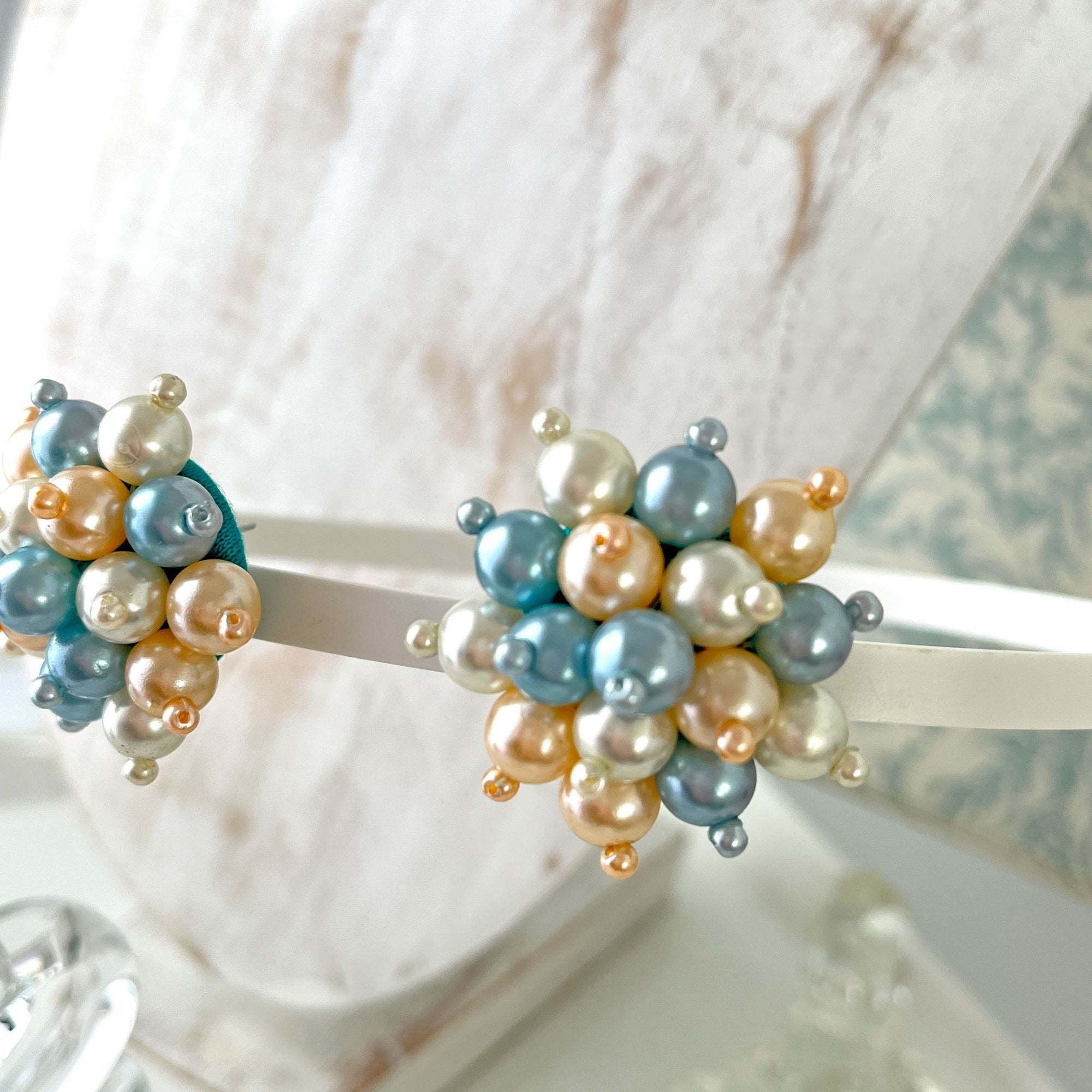 Vintage Blue Cream Pearl Cluster Starburst Earrings