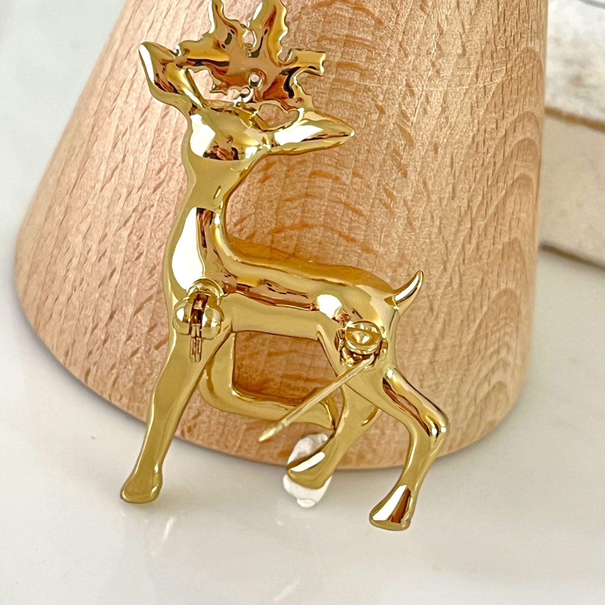 Vintage Prancer Reindeer Polished Gold Tone Christmas Brooch Pin