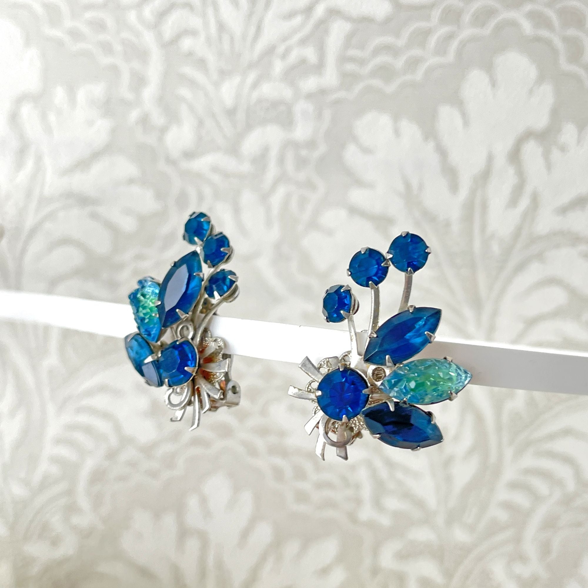 Vintage Blue Nugget Glass Rhinestone Climber Earrings Clip On 1950s