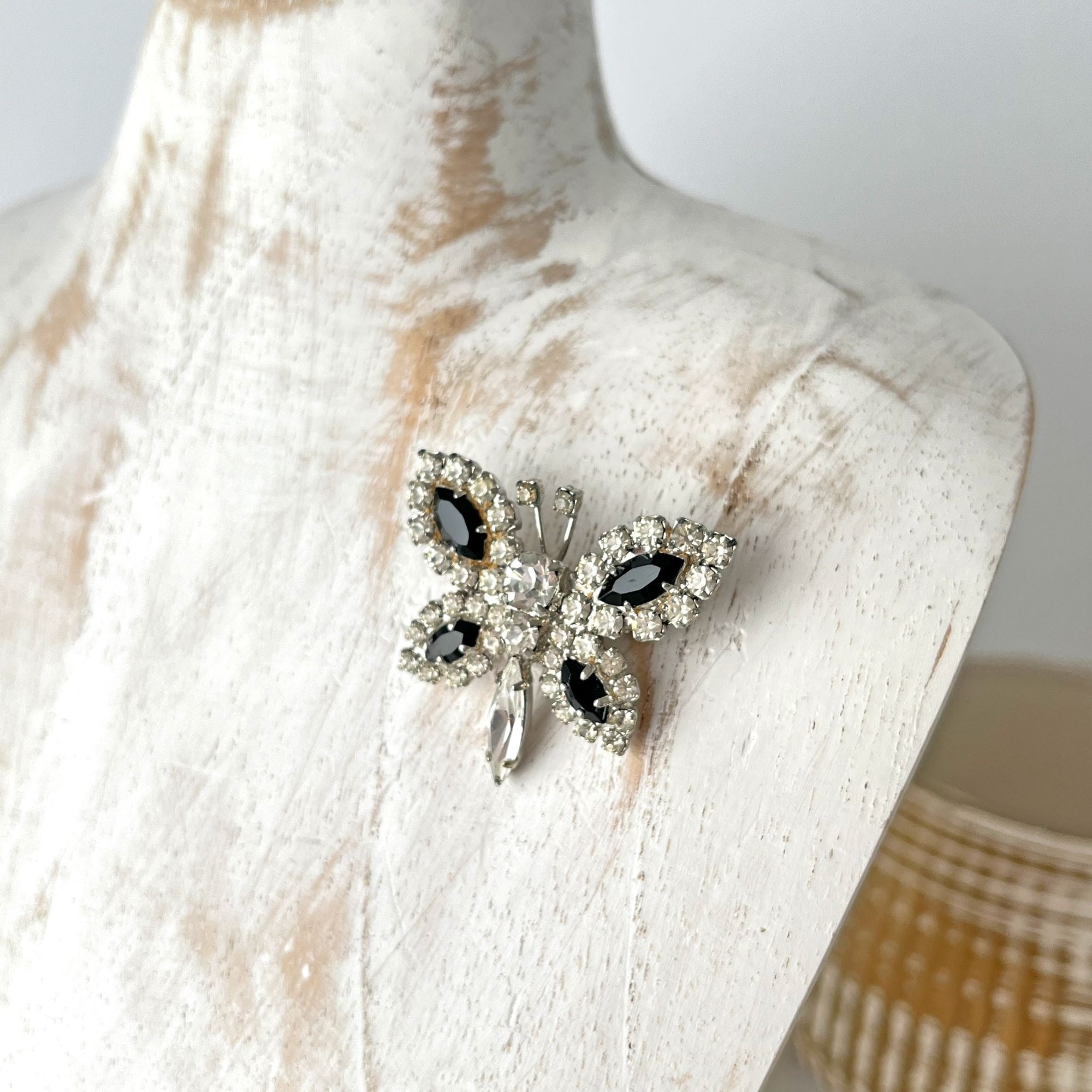 Vintage Black Glass Silver Tone Rhinestone Butterfly Brooch Pin 1940s 1950s