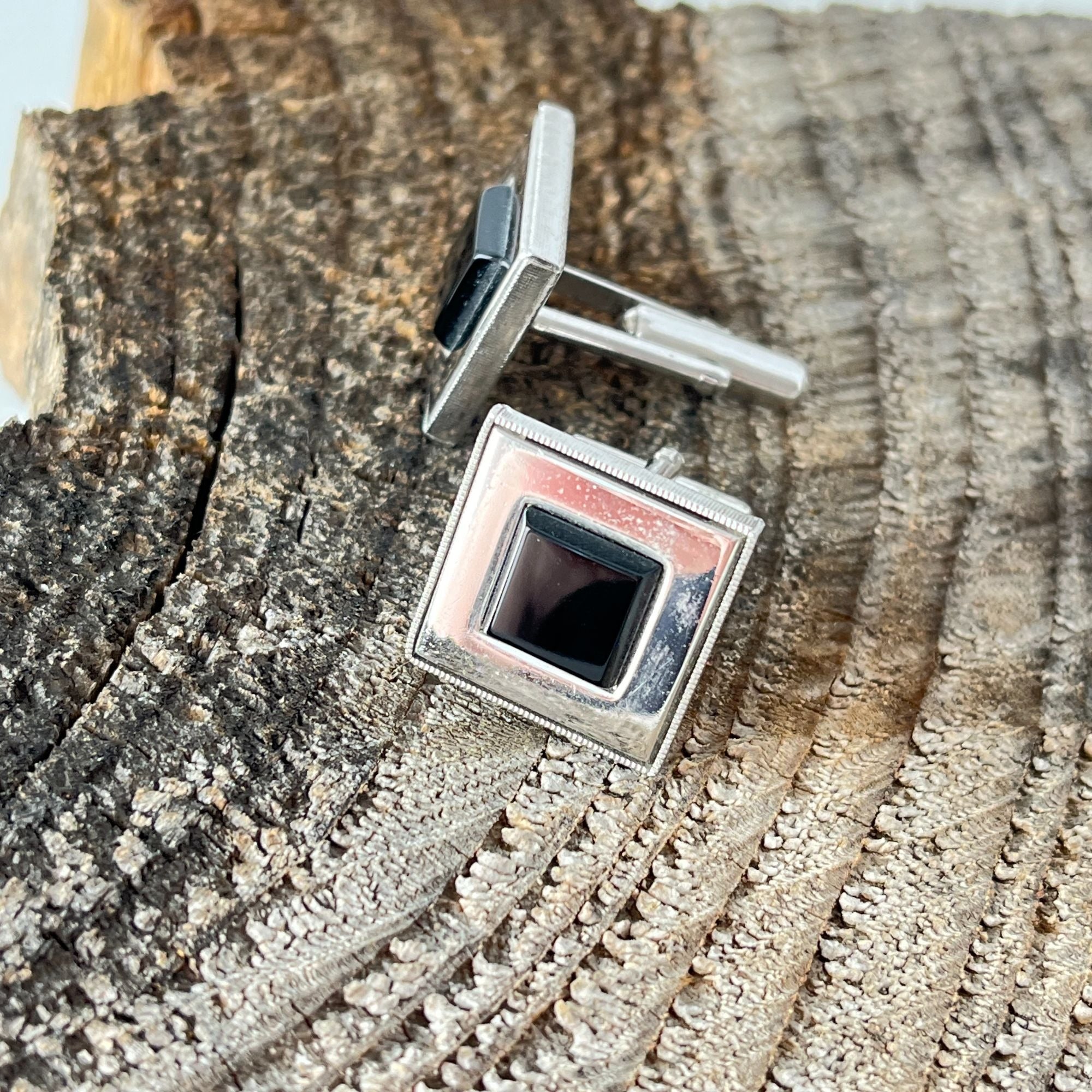 Square Silver Tone Black Glass Vintage Cufflinks 1950s