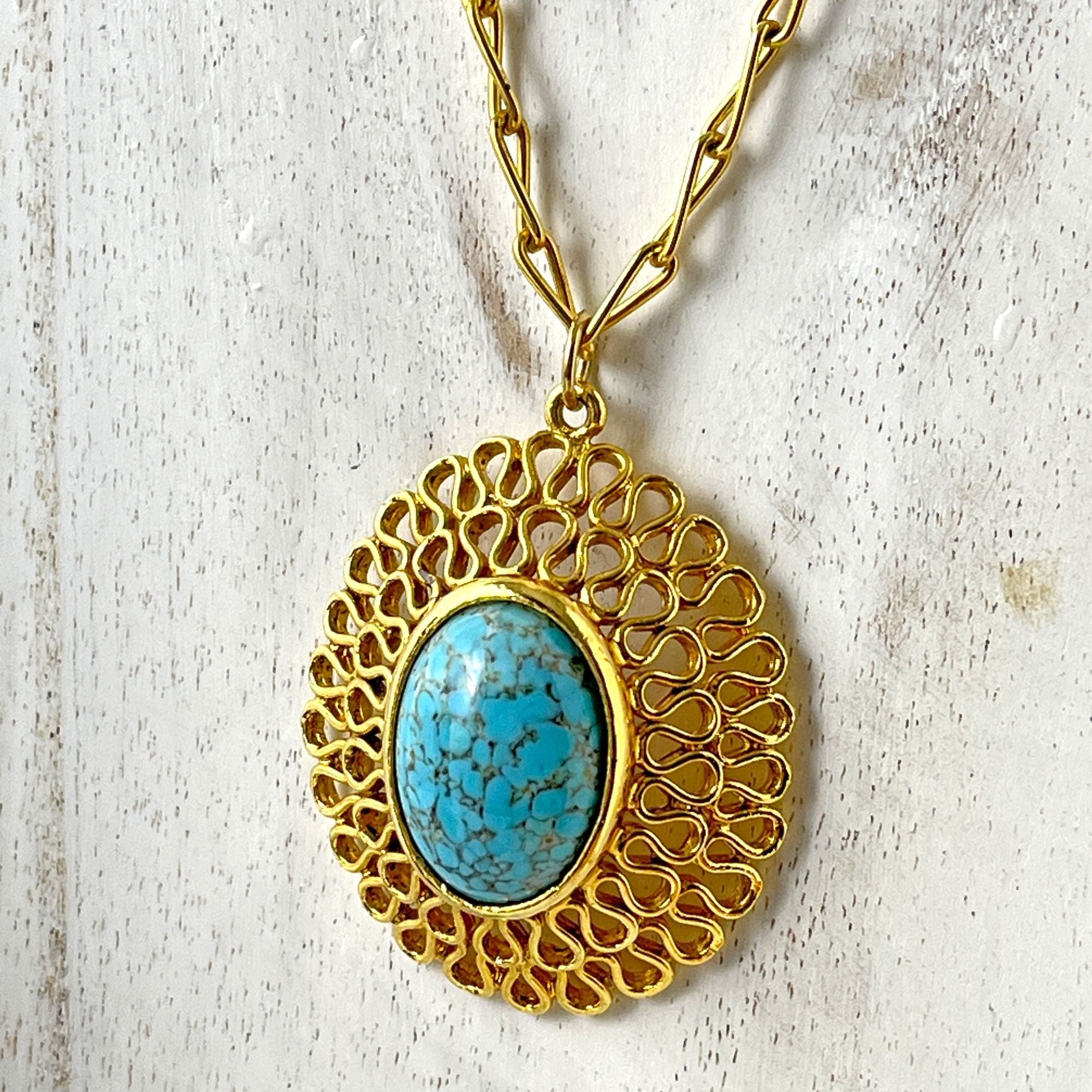 Vintage Real outlet Turquoise Filigree Pendant Necklace