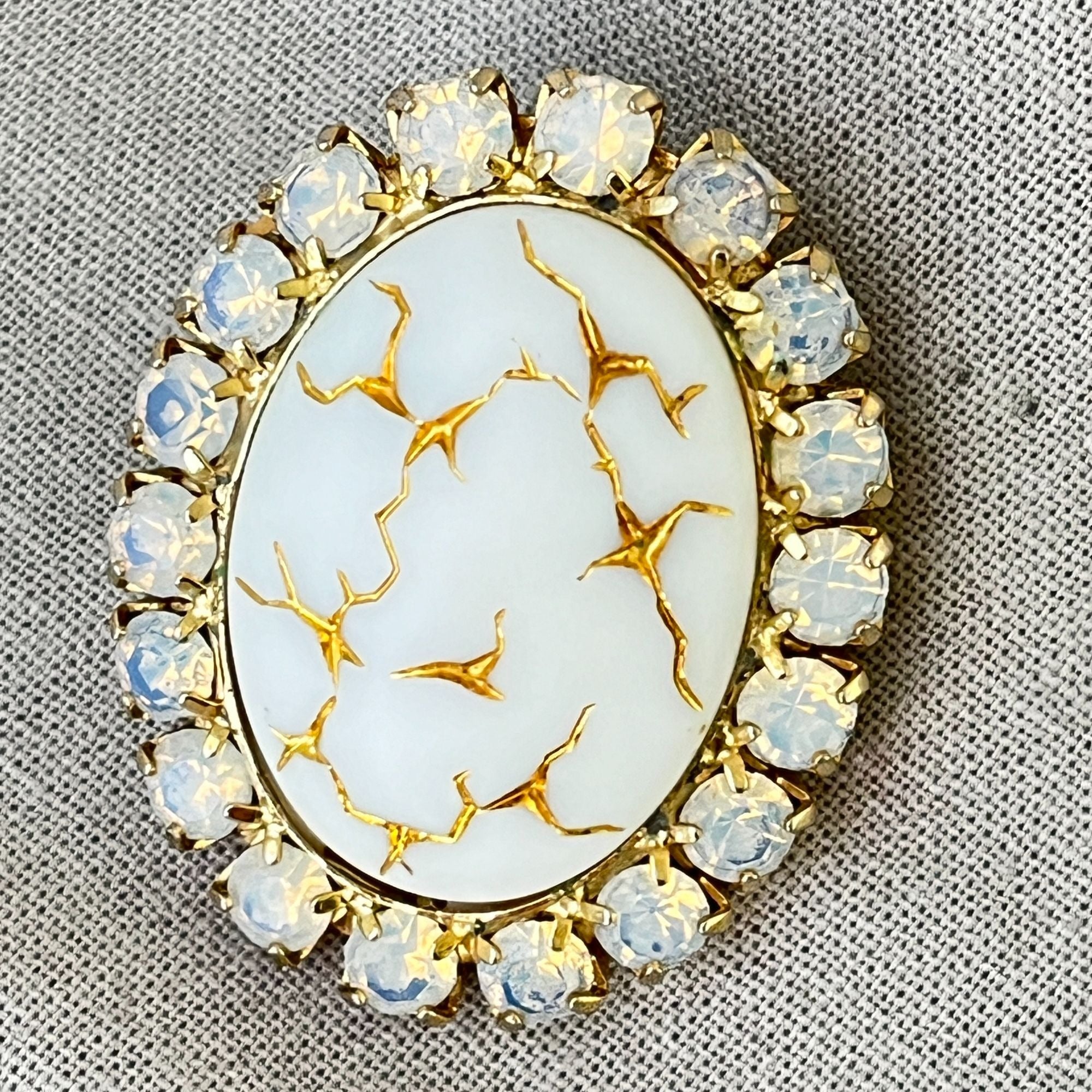 Vintage 1960s Milk Glass Faux Opal Gold Painted Brooch Pin