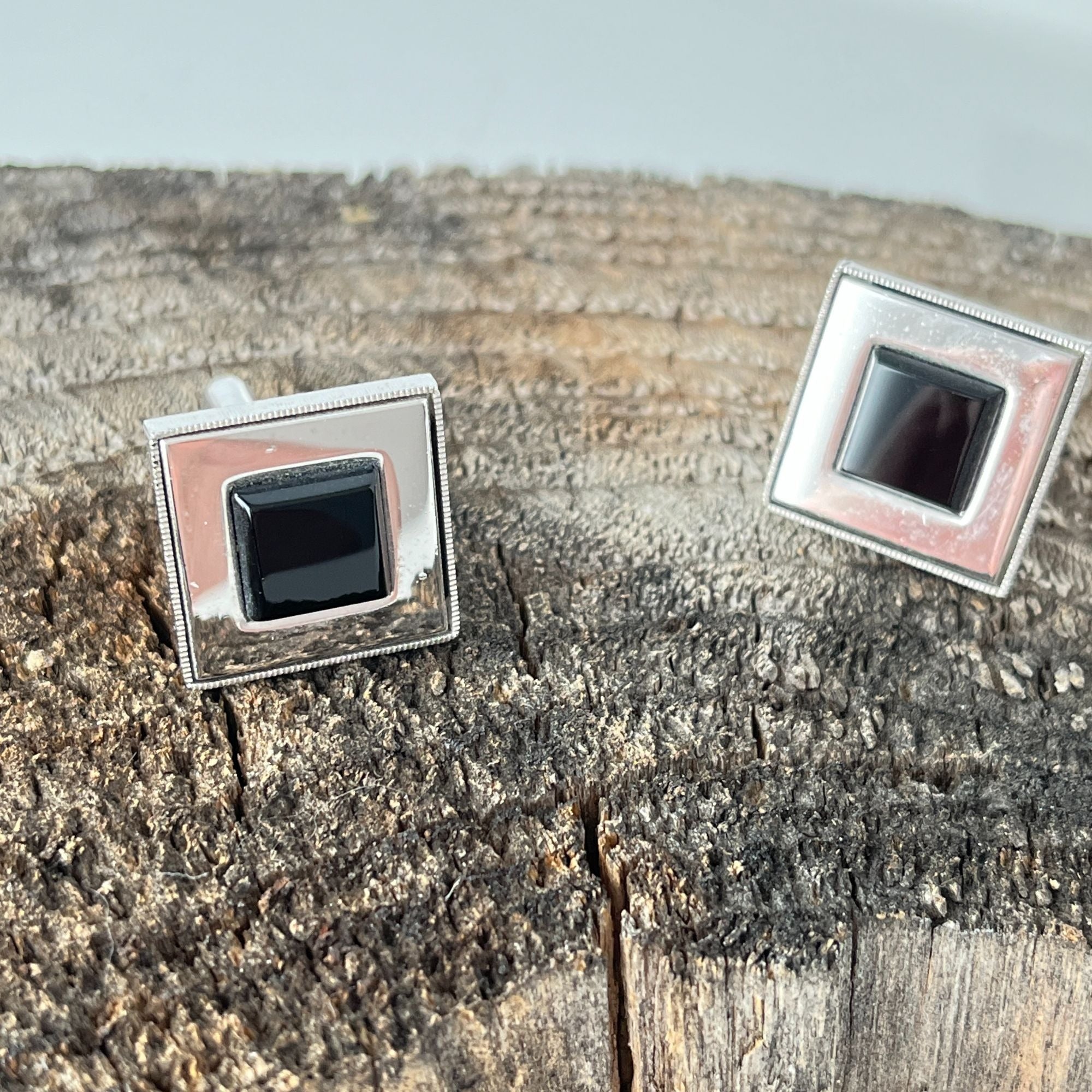 Square Silver Tone Black Glass Vintage Cufflinks 1950s