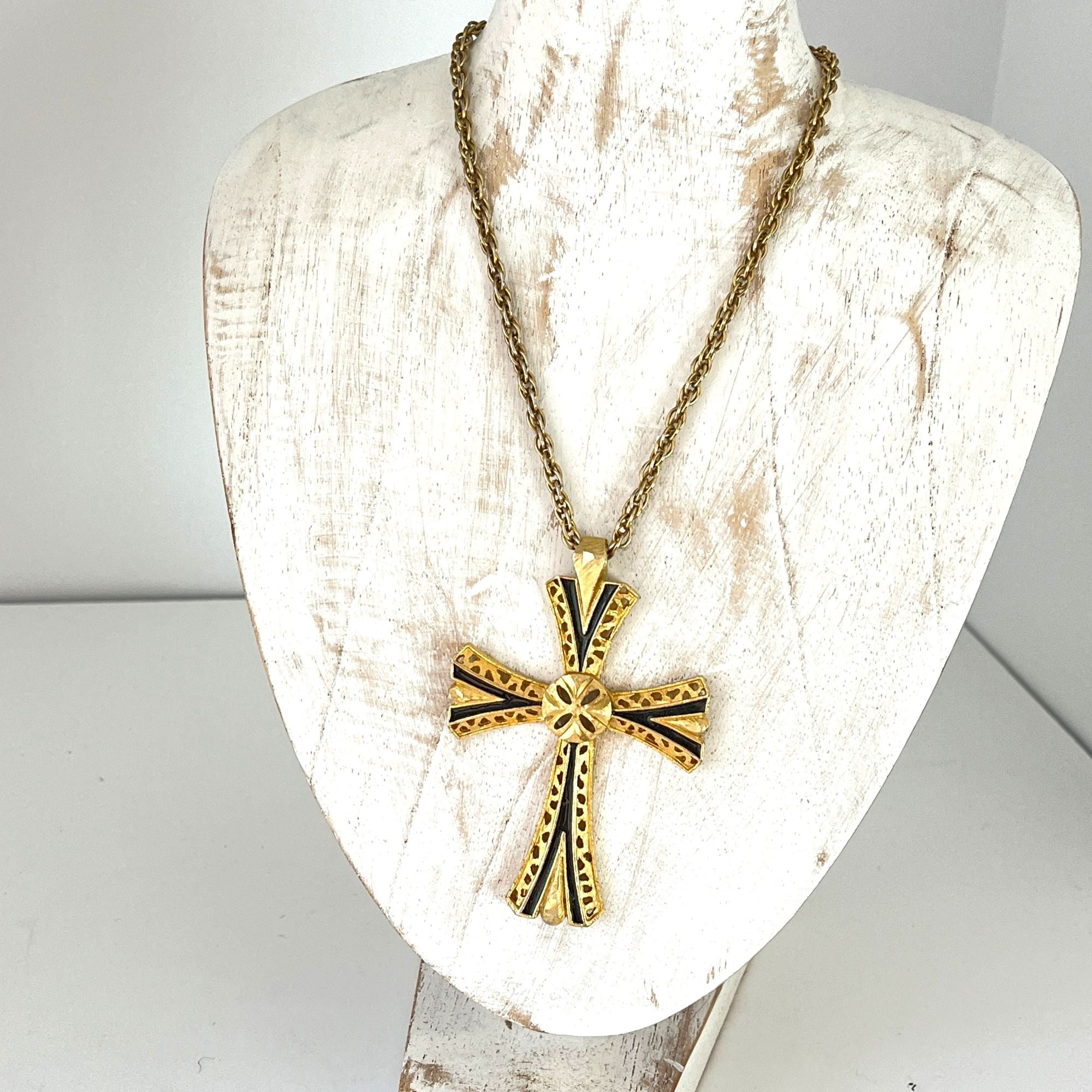 Stunning Large Vintage Crucifix Gold Tone Black Enamel 70s