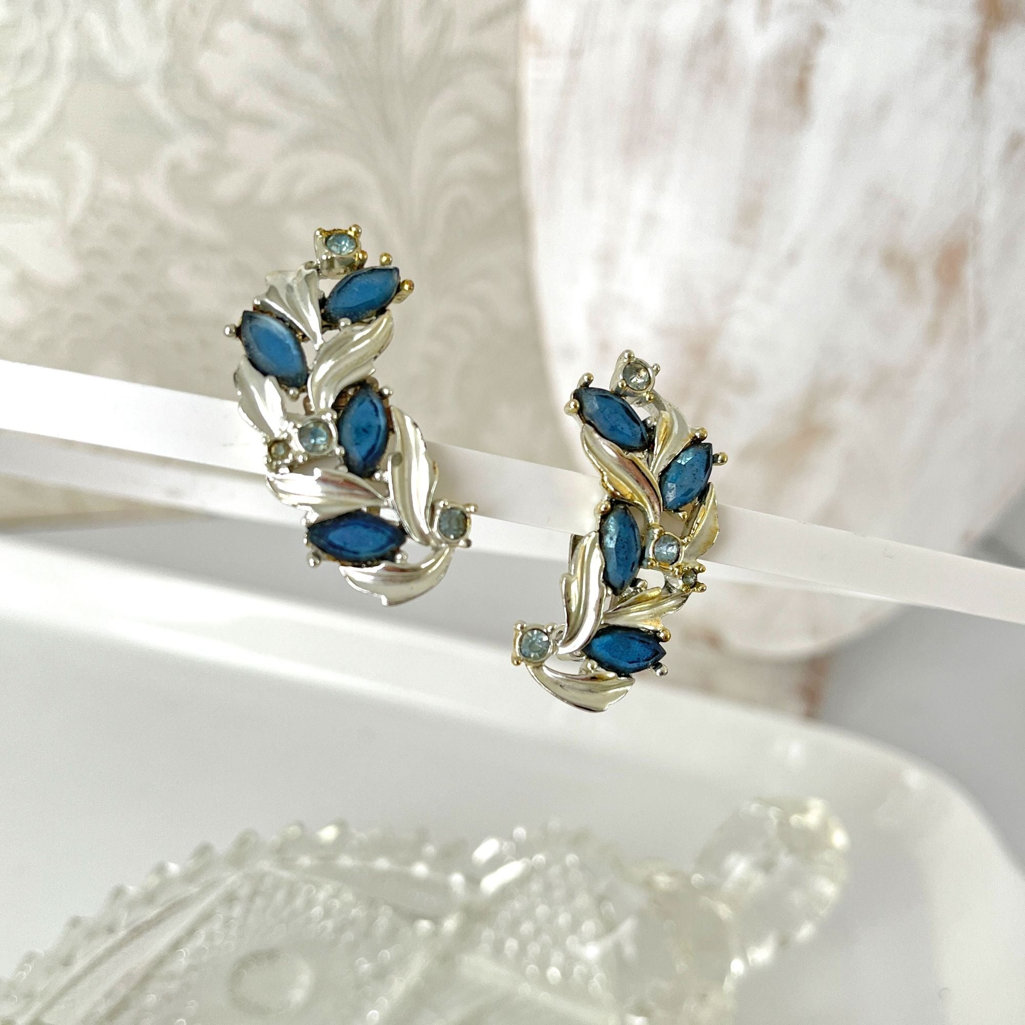 Pretty Vintage 1960s Matte Blue Rhinestone Climber Clip Earrings Sarah Coventry