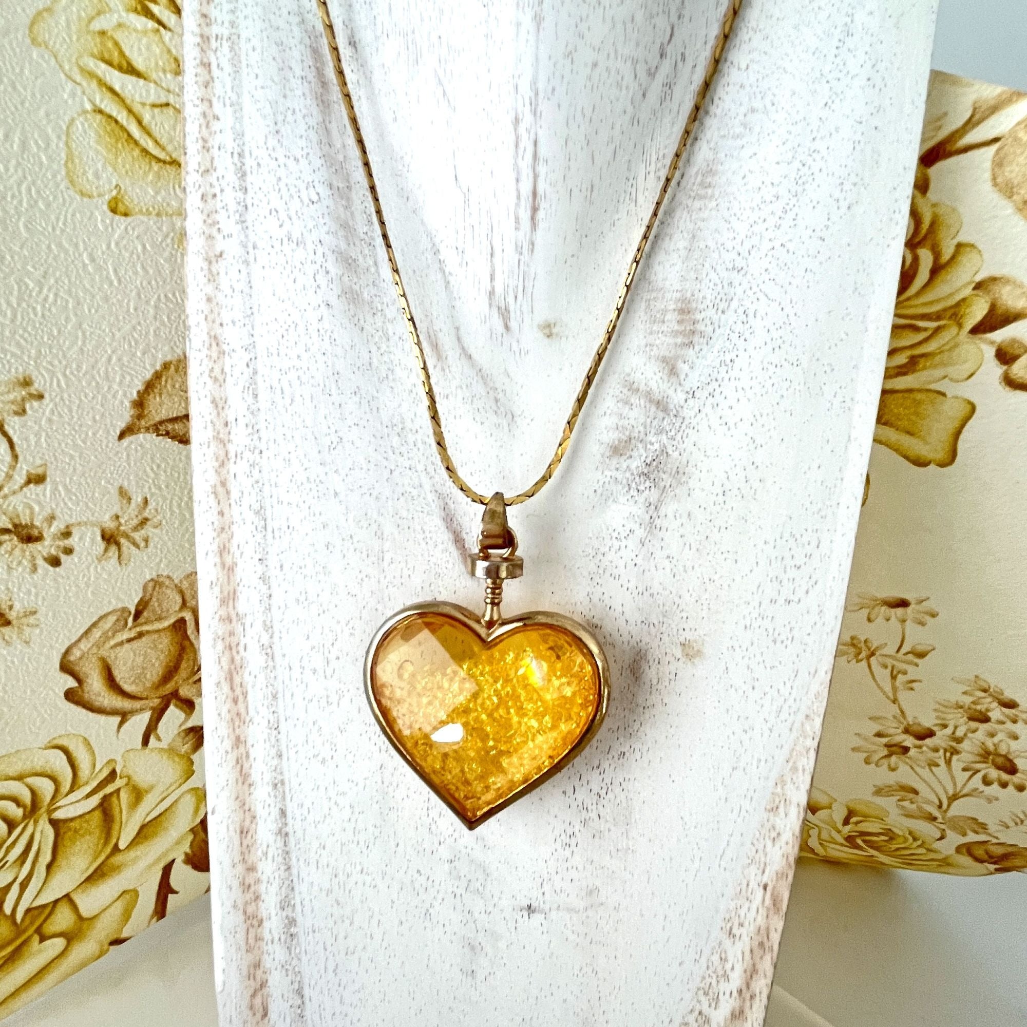 Giant Topaz Rhinestone Filled Gold Tone Crystal Heart Necklace