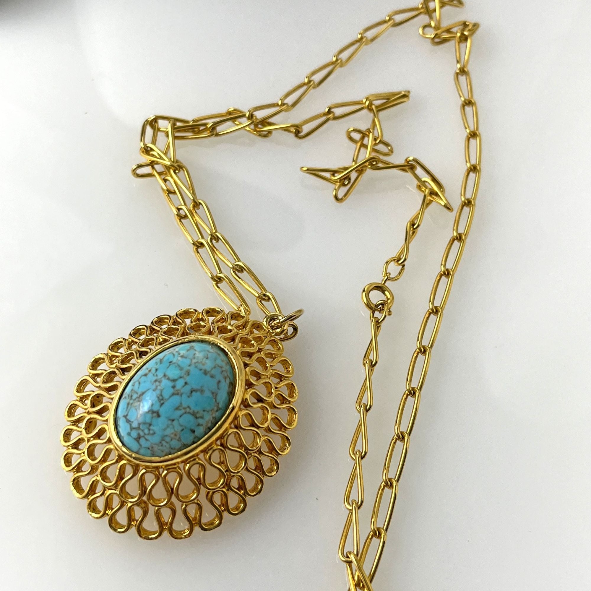 1960s Vintage Faux Turquoise Filigree Pendant Necklace