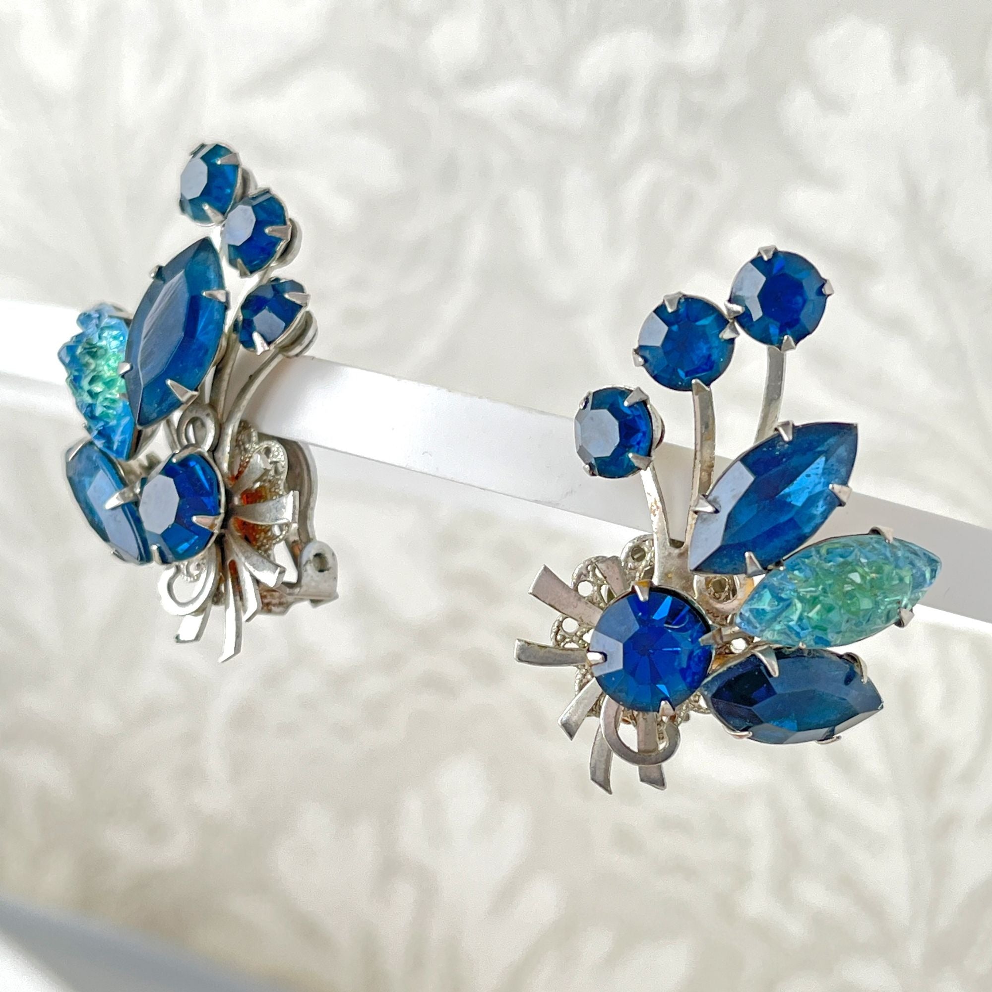 Vintage Blue Nugget Glass Rhinestone Climber Earrings Clip On 1950s