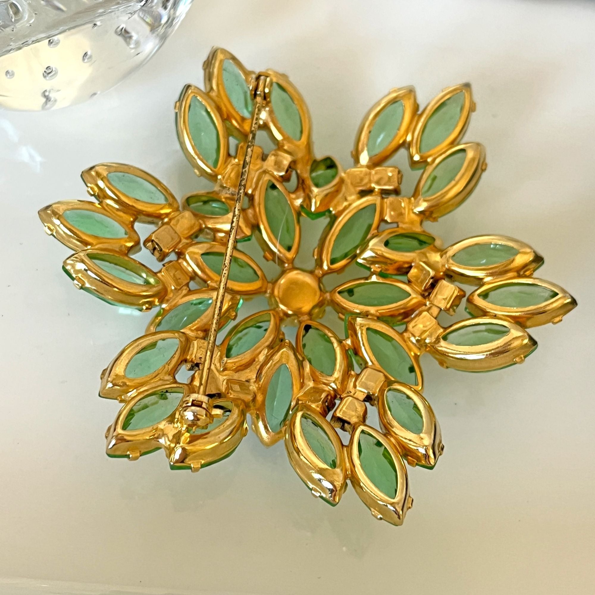 Giant Green Vintage Rhinestone Brooch Navette Marquise Dimensional Brooch Pin