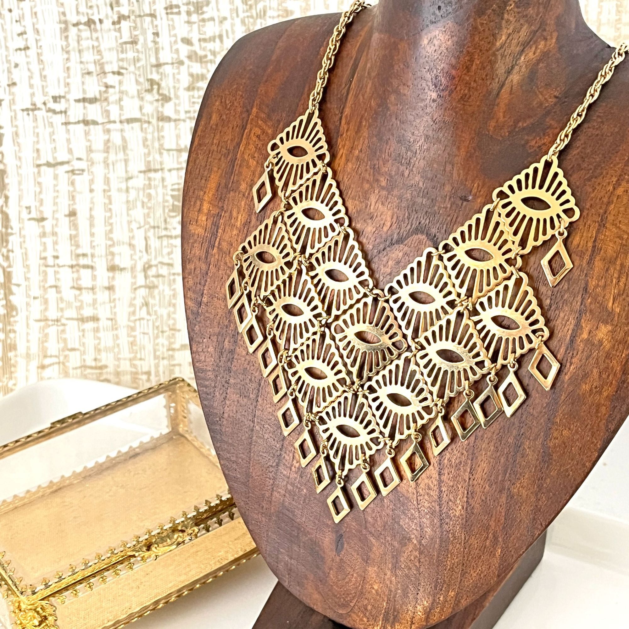 Gold Tone Bib Necklace Boho Hippie Sarah Coventry 1960s