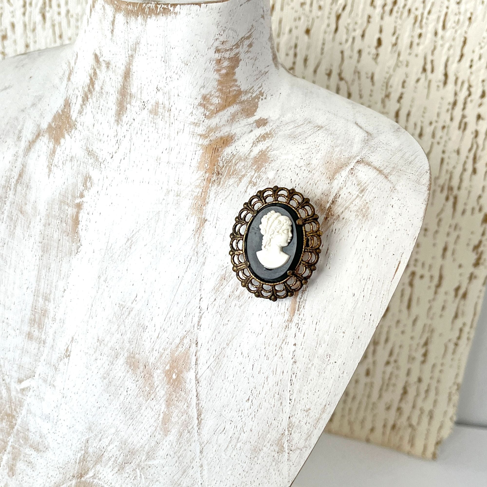 Vintage Ornate Filigree Black White Cameo