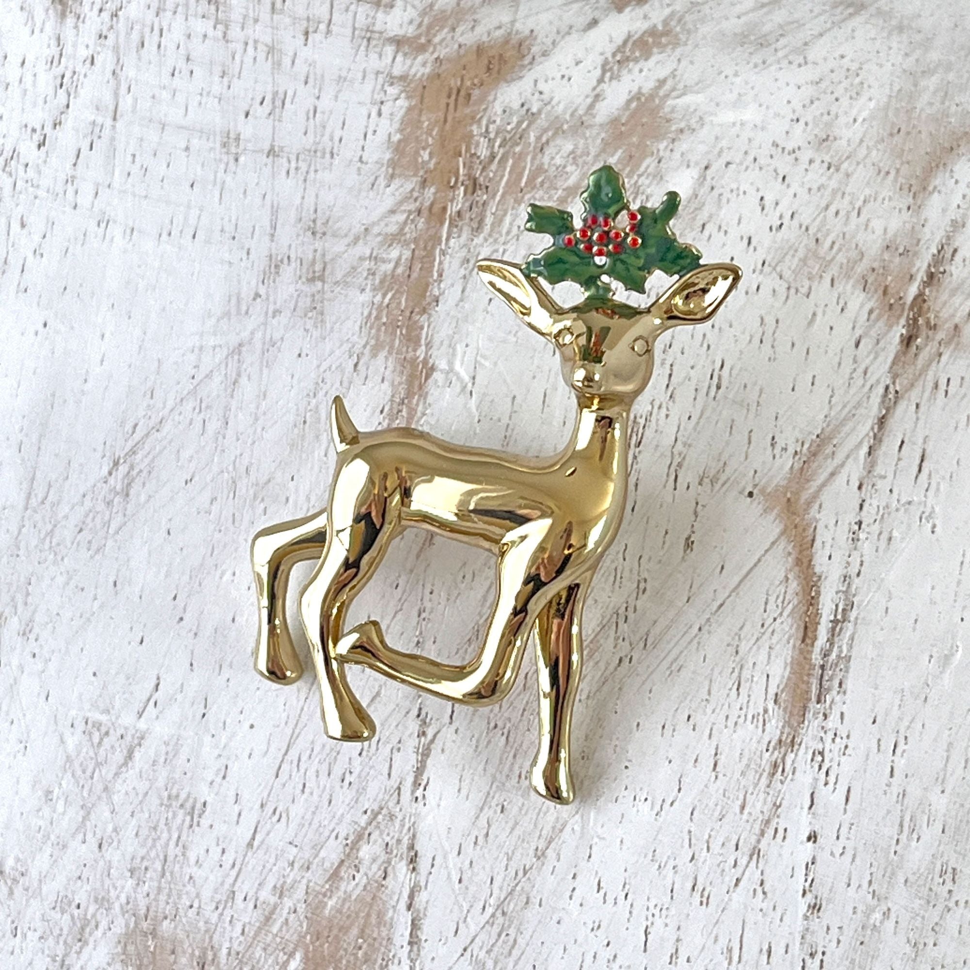 Vintage Prancer Reindeer Polished Gold Tone Christmas Brooch Pin