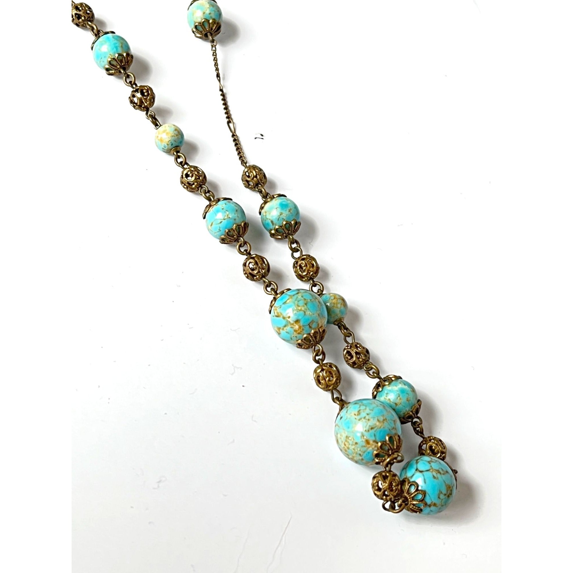 Vintage Antique Aqua Gold Flecked Glass Bead Flapper Necklace 1920s