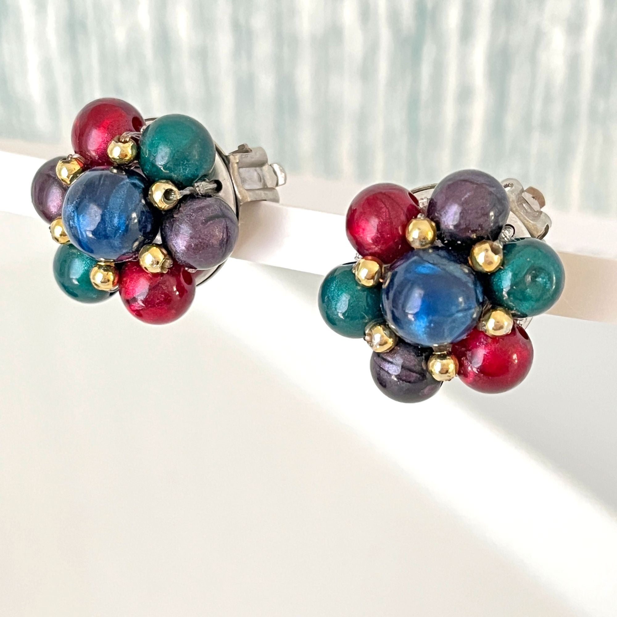 Vintag Multi Jewel Tone Bead Clip On Earrings 1950s