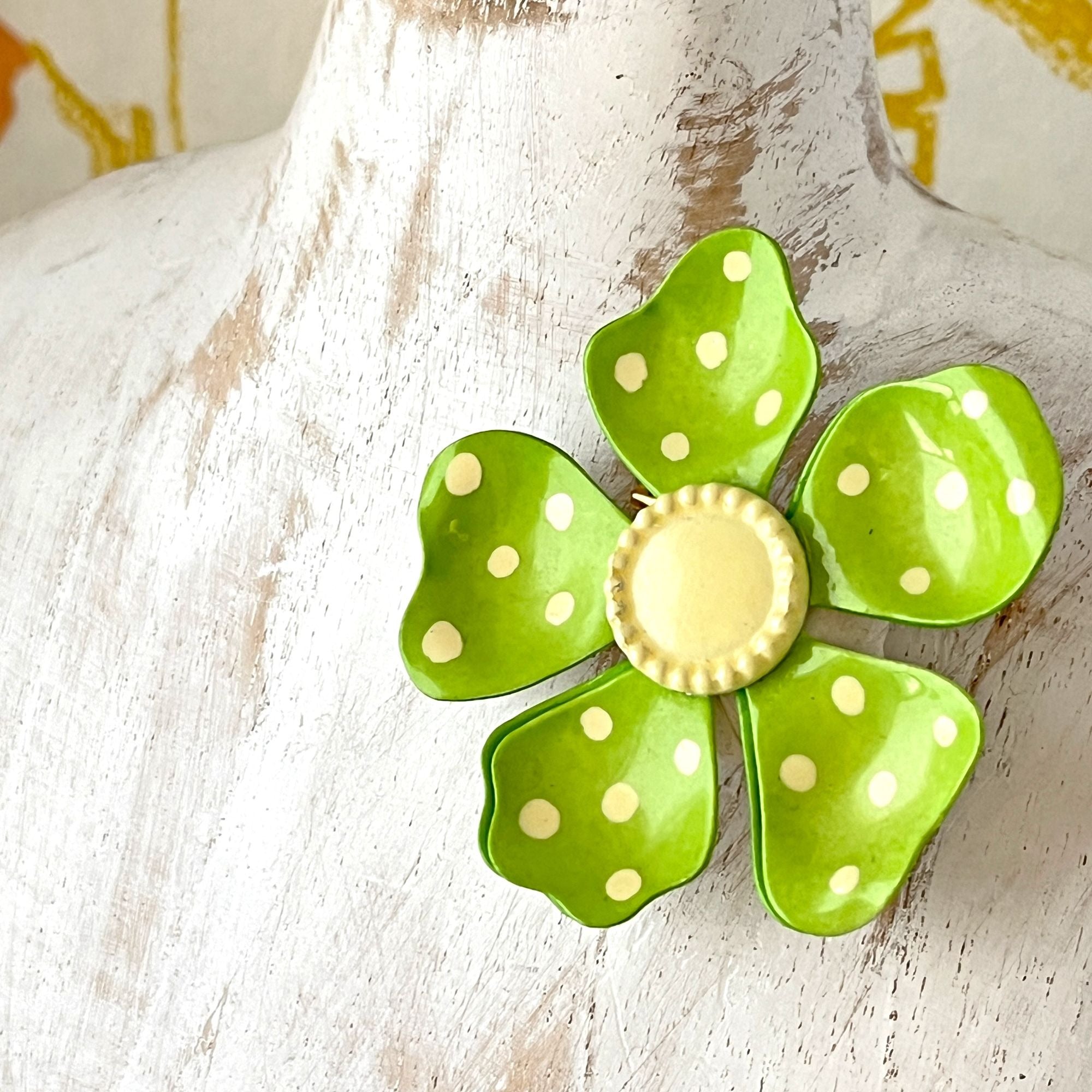 Vintage West Germany Flower Power 1960s Large Enamel Polka Dot Brooch Pin