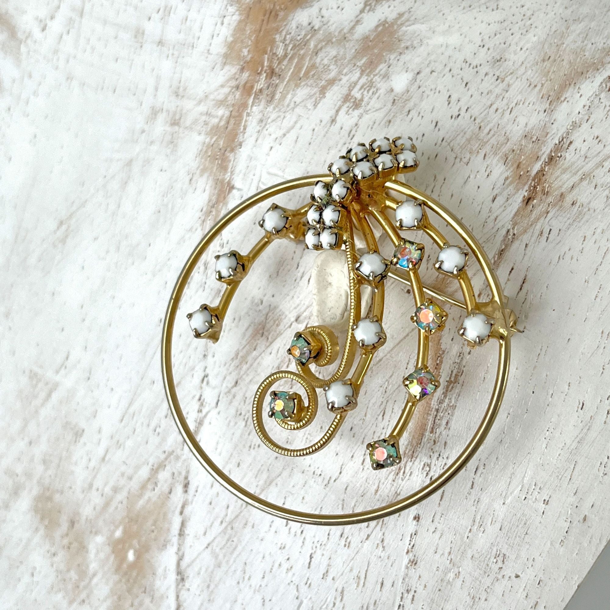 Delicate Open Circle Vintage Milk Glass Rhinestone Brooch Pin