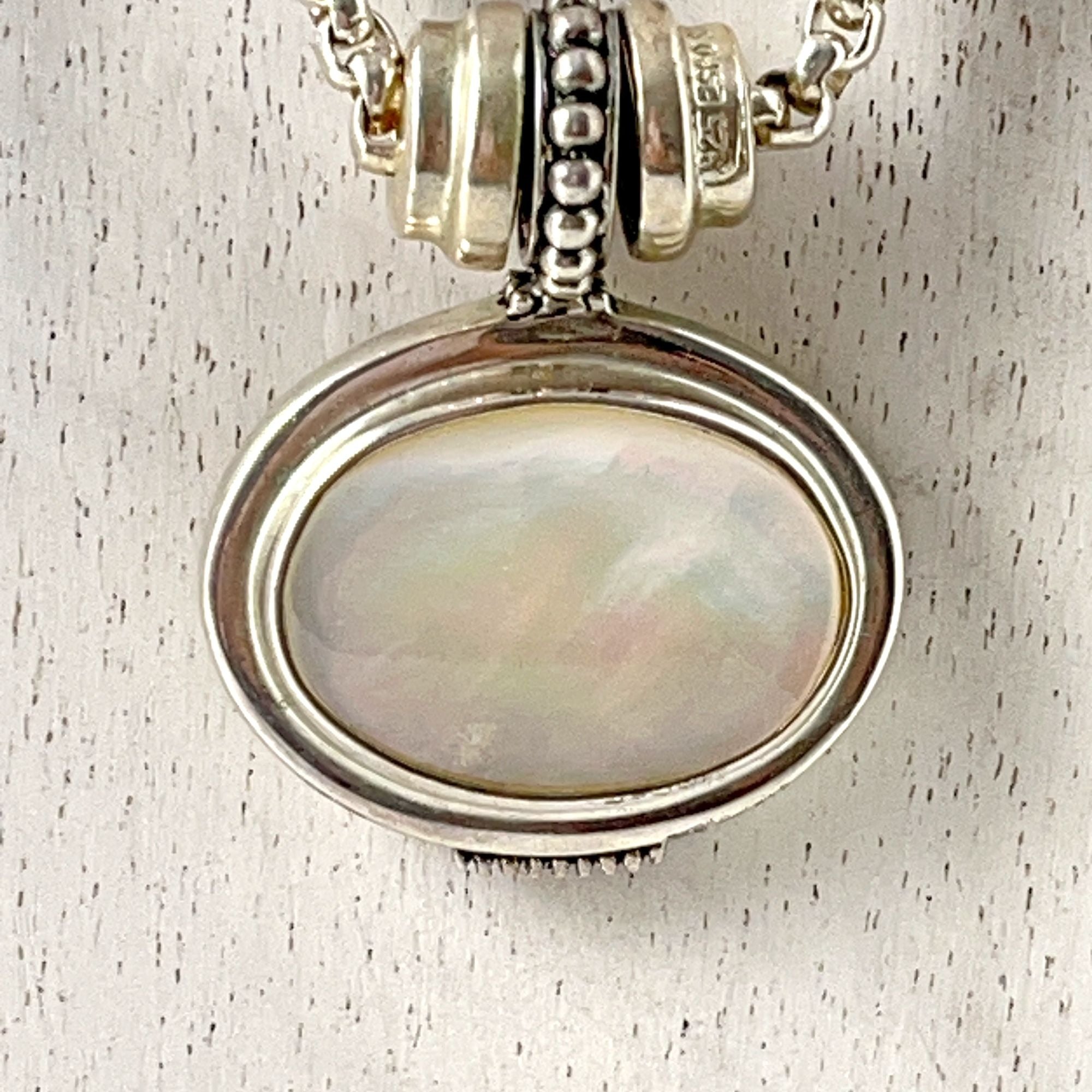 Mother of Pearl Amulet Pendant Silver Plated Necklace