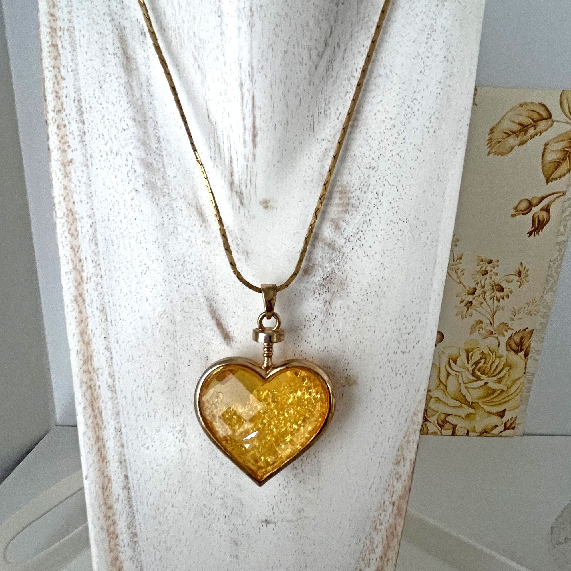 Giant Topaz Rhinestone Filled Gold Tone Crystal Heart Necklace