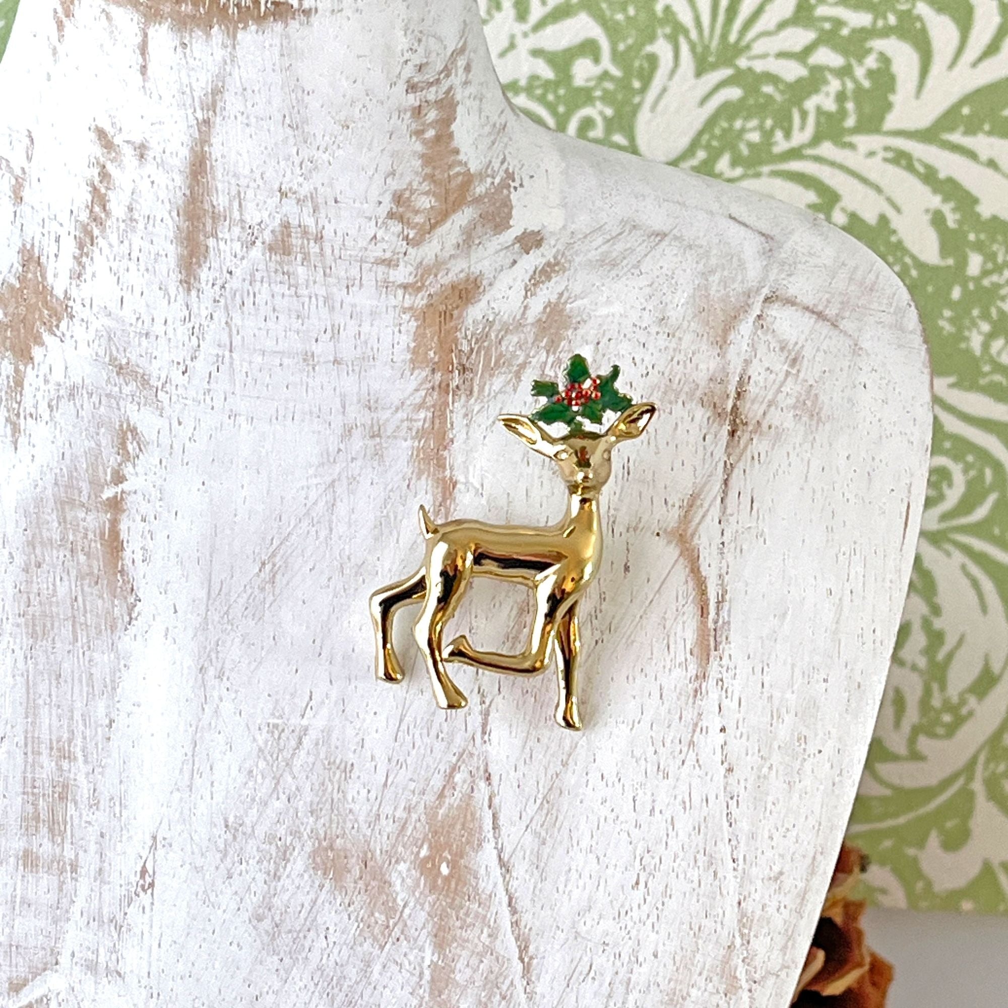 Vintage Prancer Reindeer Polished Gold Tone Christmas Brooch Pin