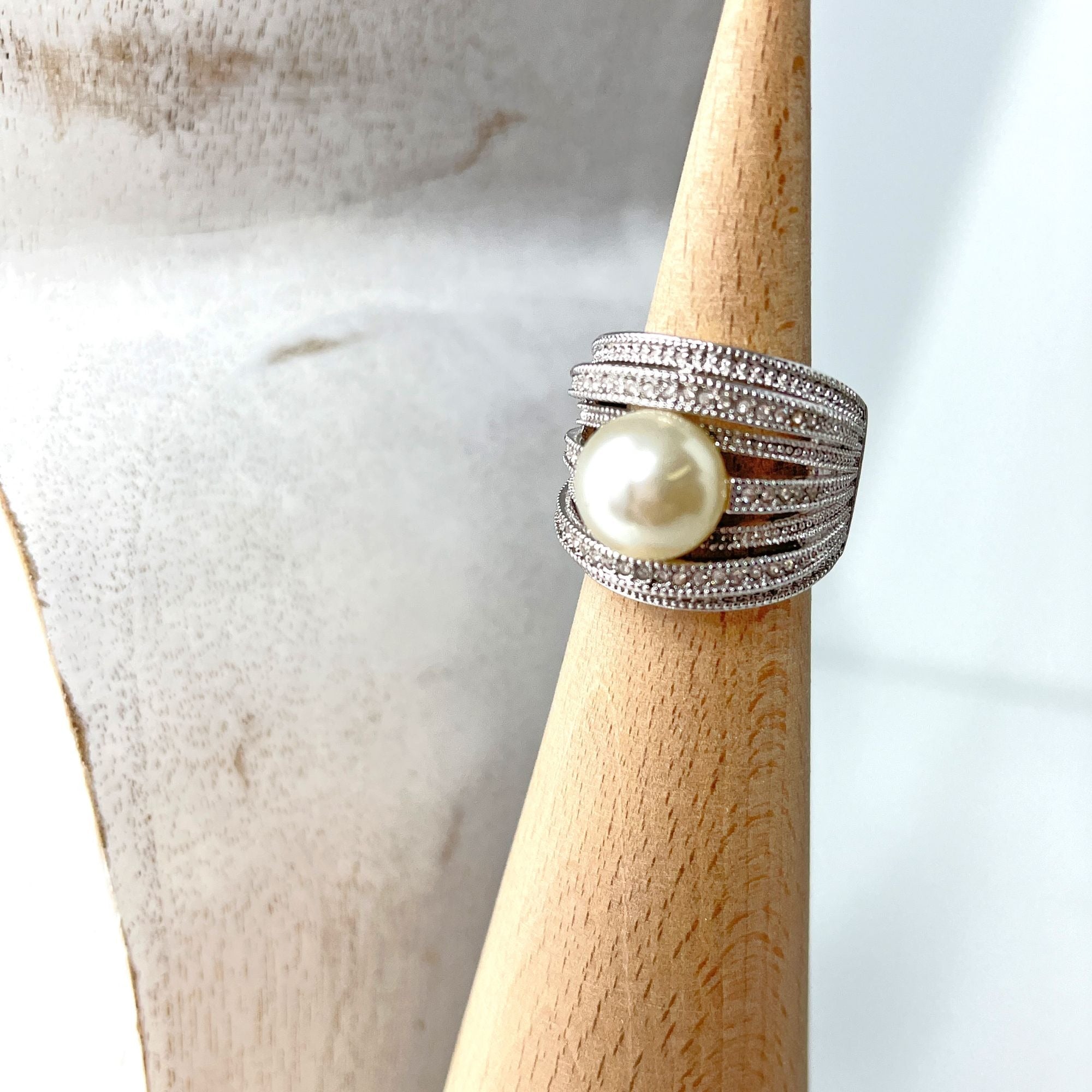 Vintage Nevada Silver Mine Stacking Pearl Rhinestone Ring 1990s Adjustable 8.5