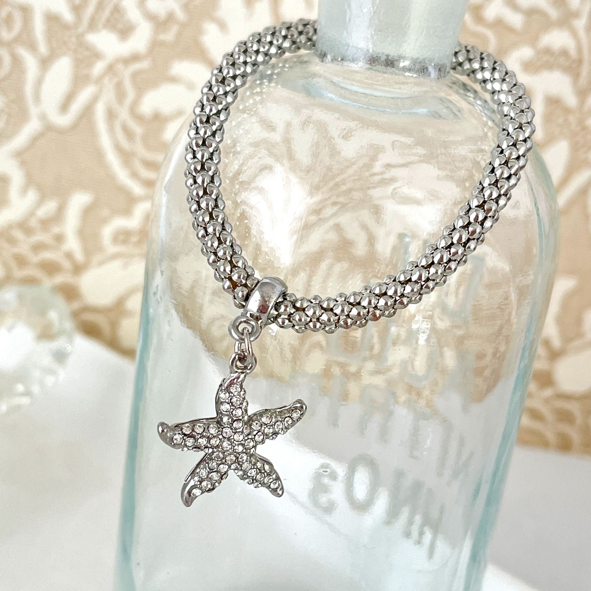 Braided Cable Rhinestone Starfish Silver Tone Bracelet