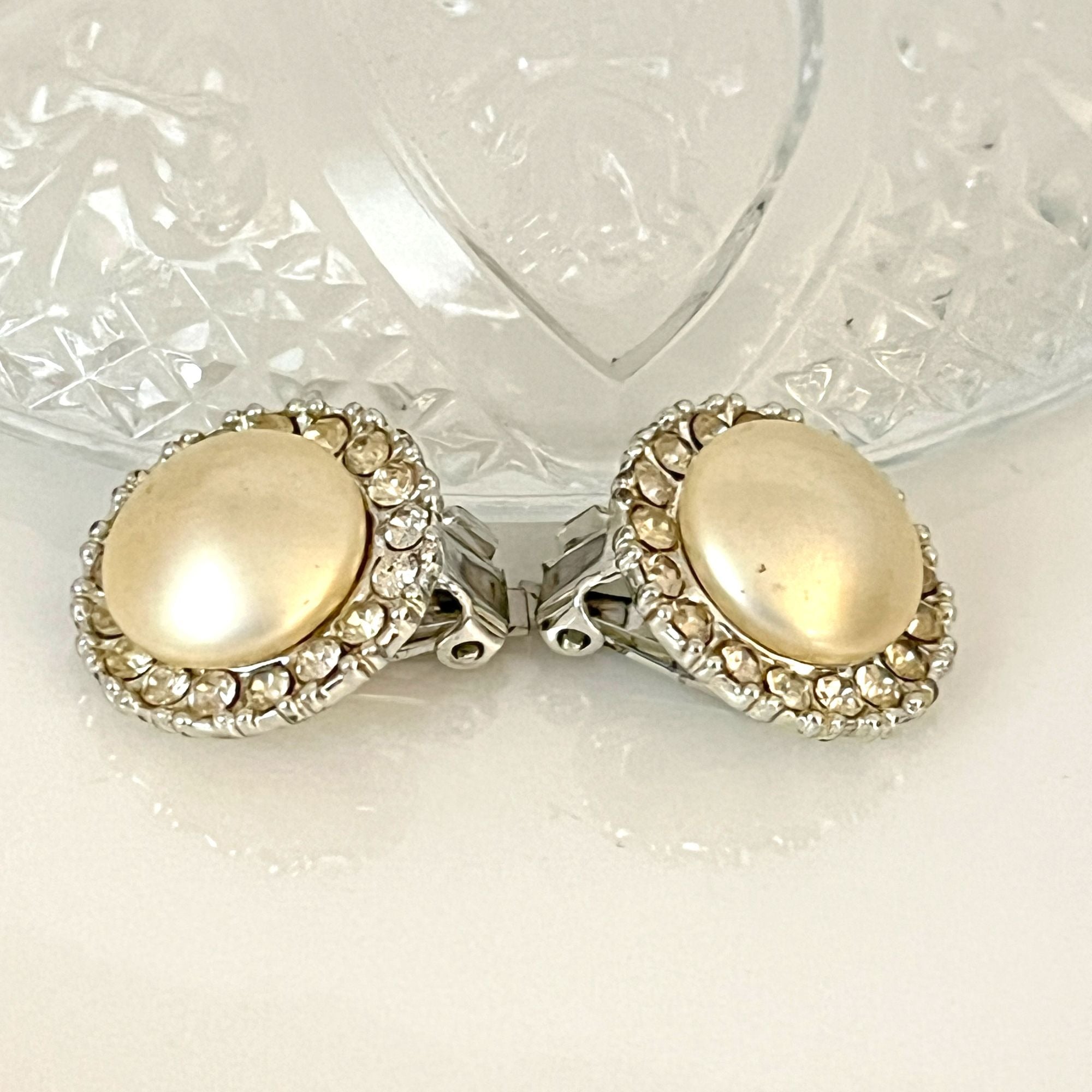 Vintage Classic Rhinestone Button Earrings Gold Tone Faux Pearl 1960s