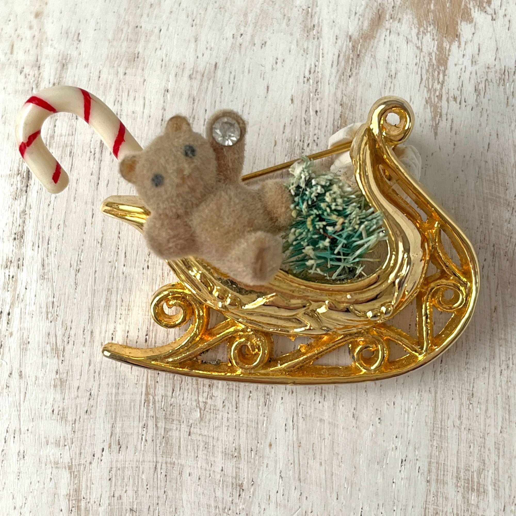 Vintage Fuzzy Teddy Bear Gold Sleigh Christmas Brooch Pin