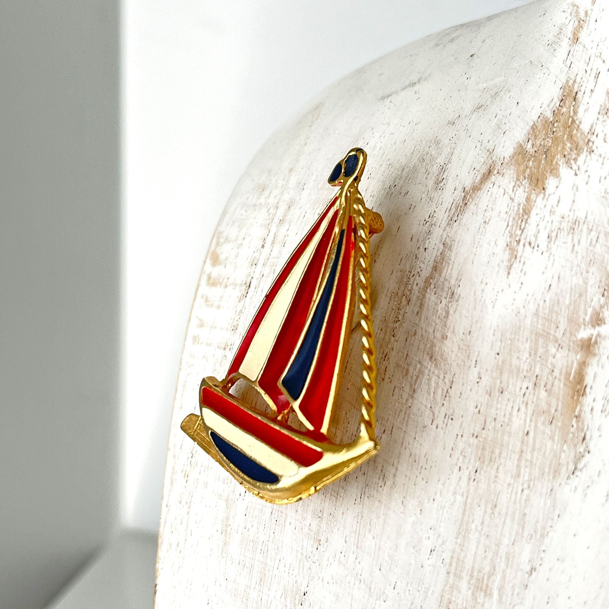 Vintage Red White Blue Sailboat Ship Nautical Enamel Brooch Pin 1950s