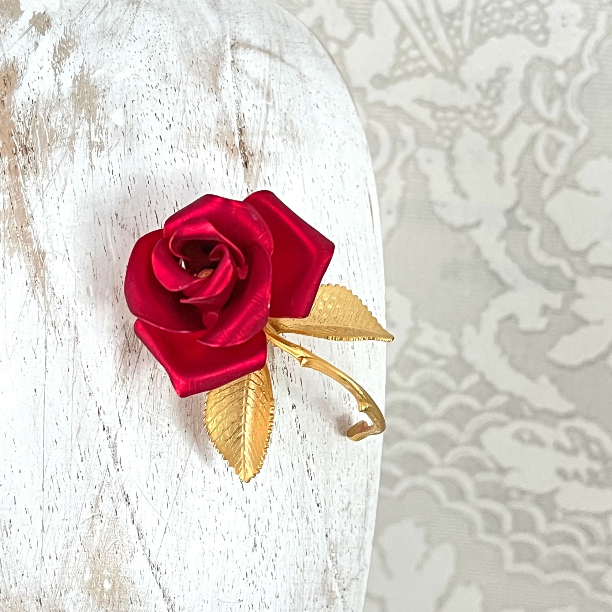 Vintage Gold and Red Rose Brooch Pin Valentine's Day 1990s